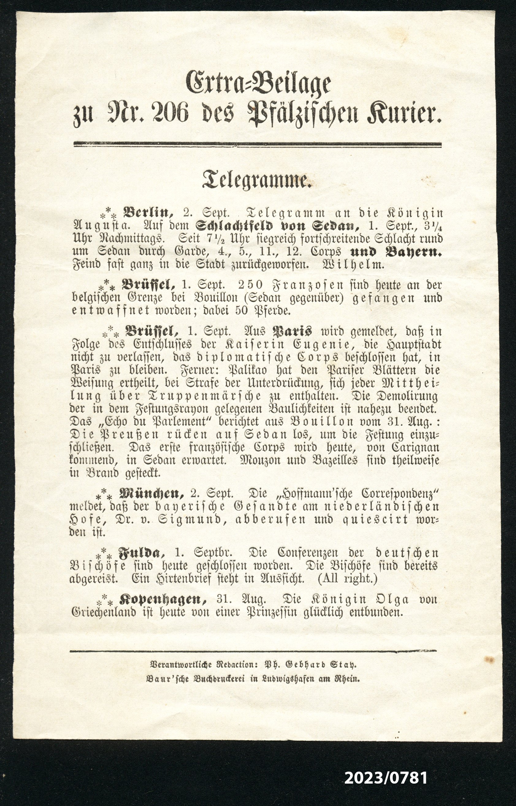 Extra-Beilage zu Nr. 206 des Pfälzischen Kurier, 2.9.1870 (Stadtmuseum Bad Dürkheim im Kulturzentrum Haus Catoir CC BY-NC-SA)