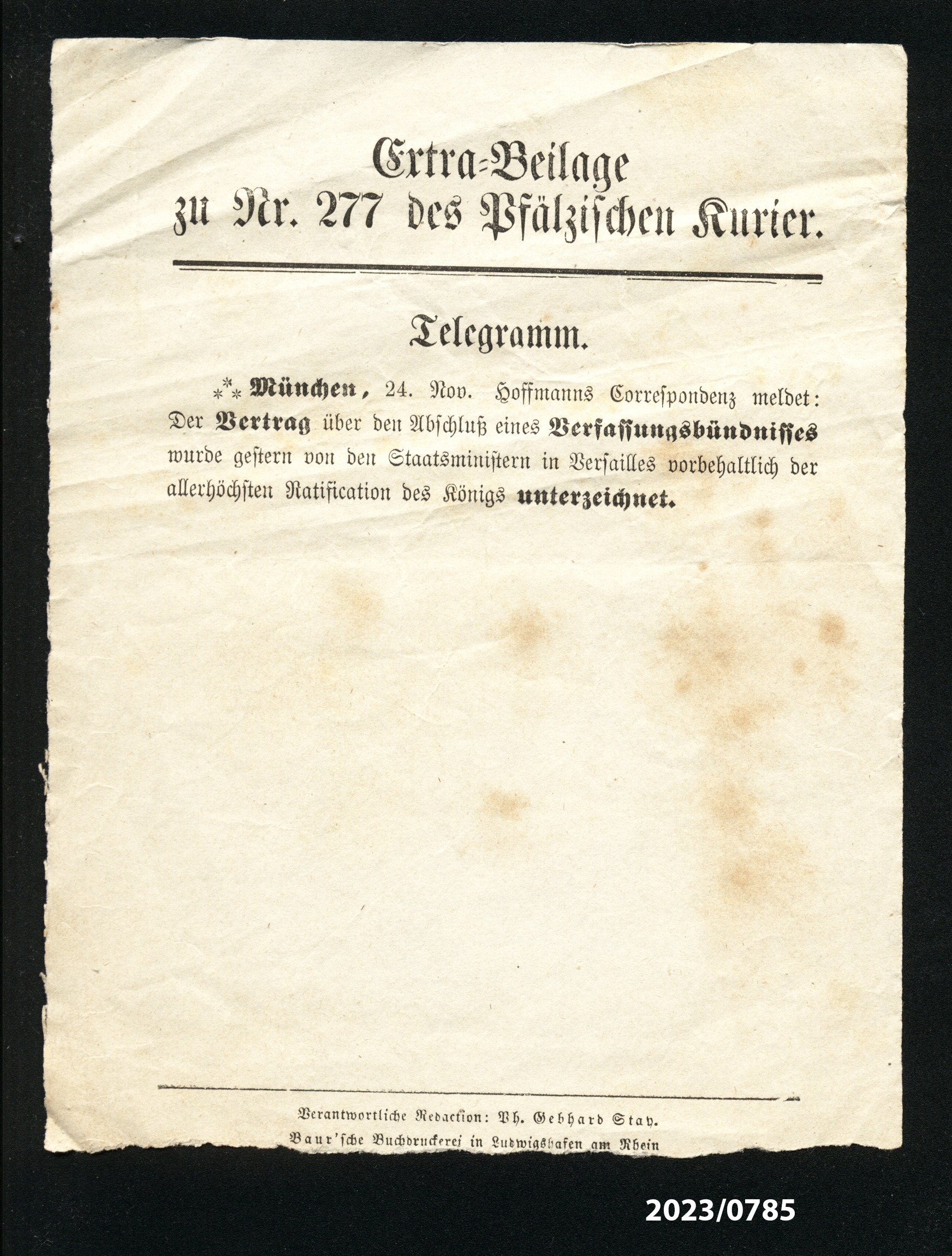 Extra-Beilage zu Nr. 277 des Pfälzischen Kurier, 24.11.1870 (Stadtmuseum Bad Dürkheim im Kulturzentrum Haus Catoir CC BY-NC-SA)