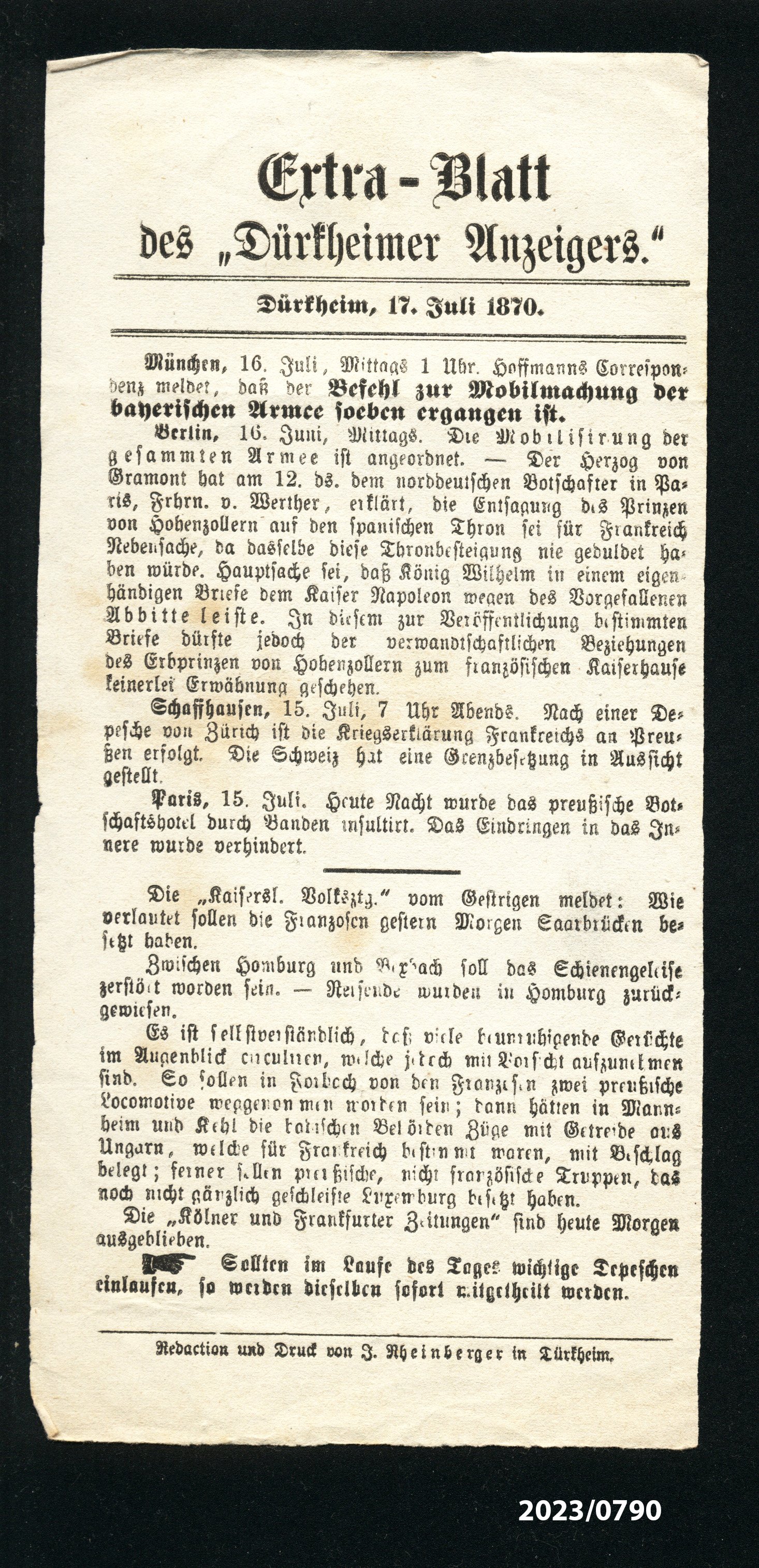 Extra-Blatt des "Dürkheimer Anzeigers". 17.7.1870 (Stadtmuseum Bad Dürkheim im Kulturzentrum Haus Catoir CC BY-NC-SA)