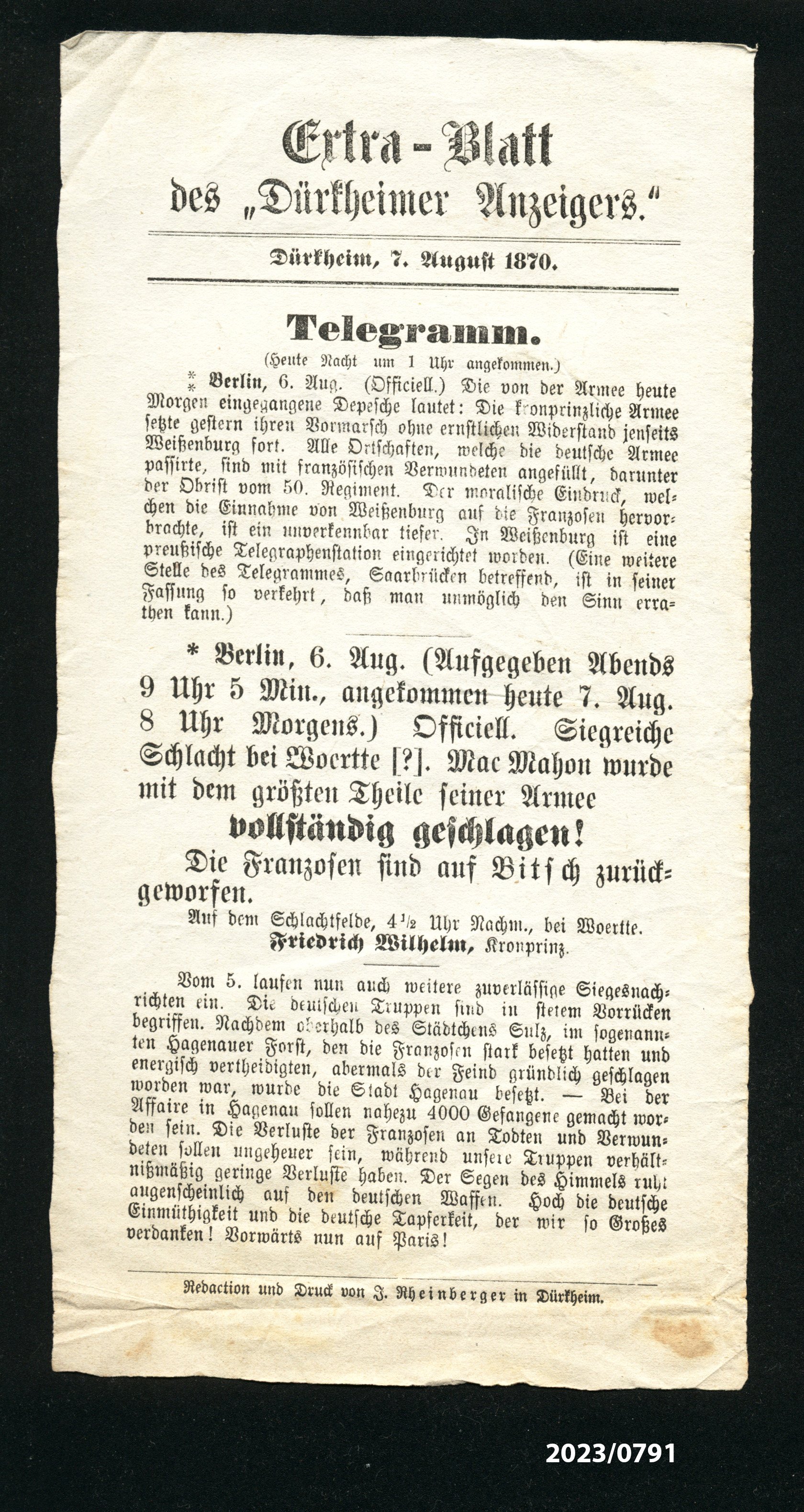 Extra-Blatt des "Dürkheimer Anzeigers". 7.8.1870 (Stadtmuseum Bad Dürkheim im Kulturzentrum Haus Catoir CC BY-NC-SA)