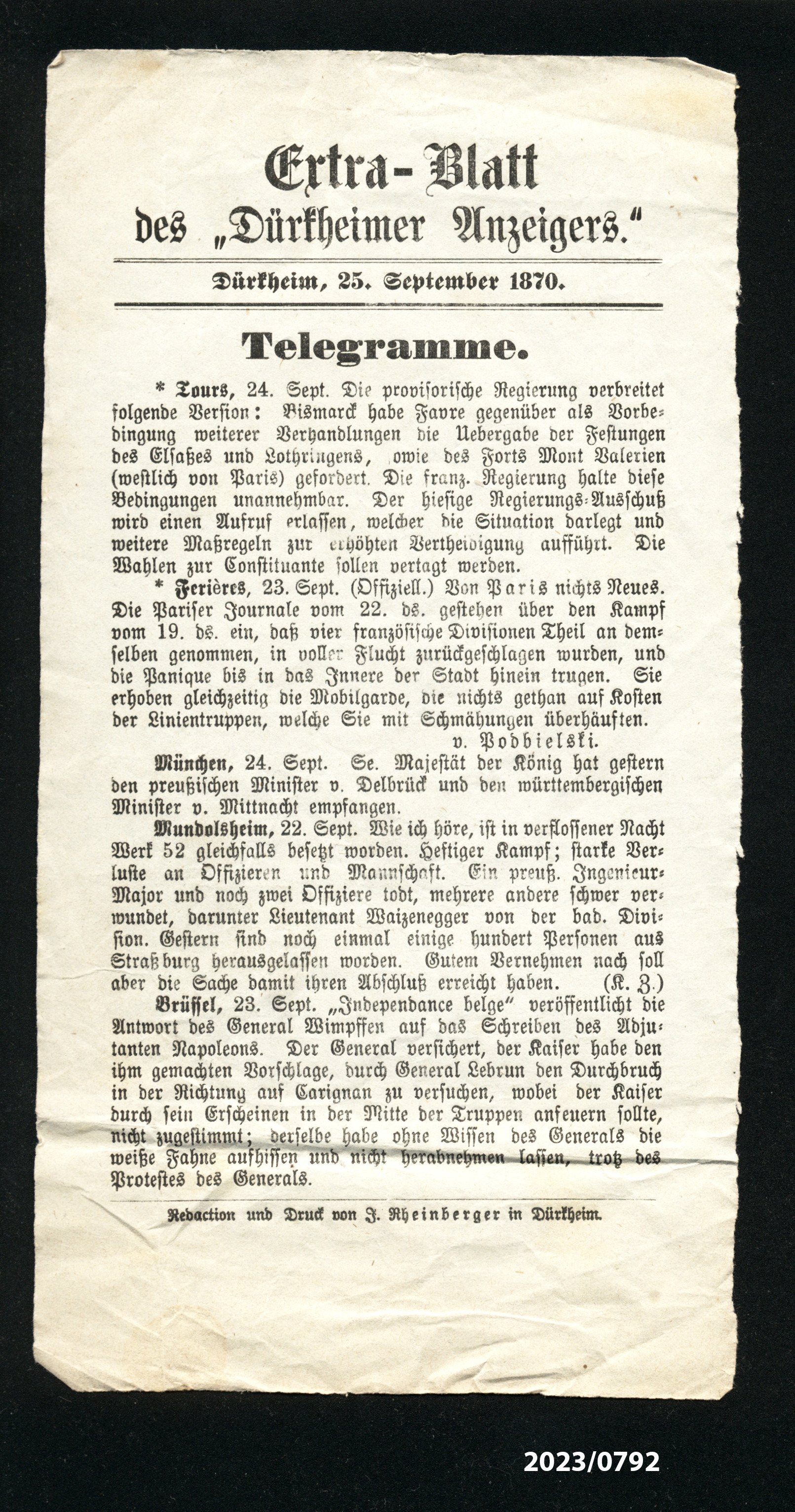 Extra-Blatt des "Dürkheimer Anzeigers". 25.9.1870 (Stadtmuseum Bad Dürkheim im Kulturzentrum Haus Catoir CC BY-NC-SA)