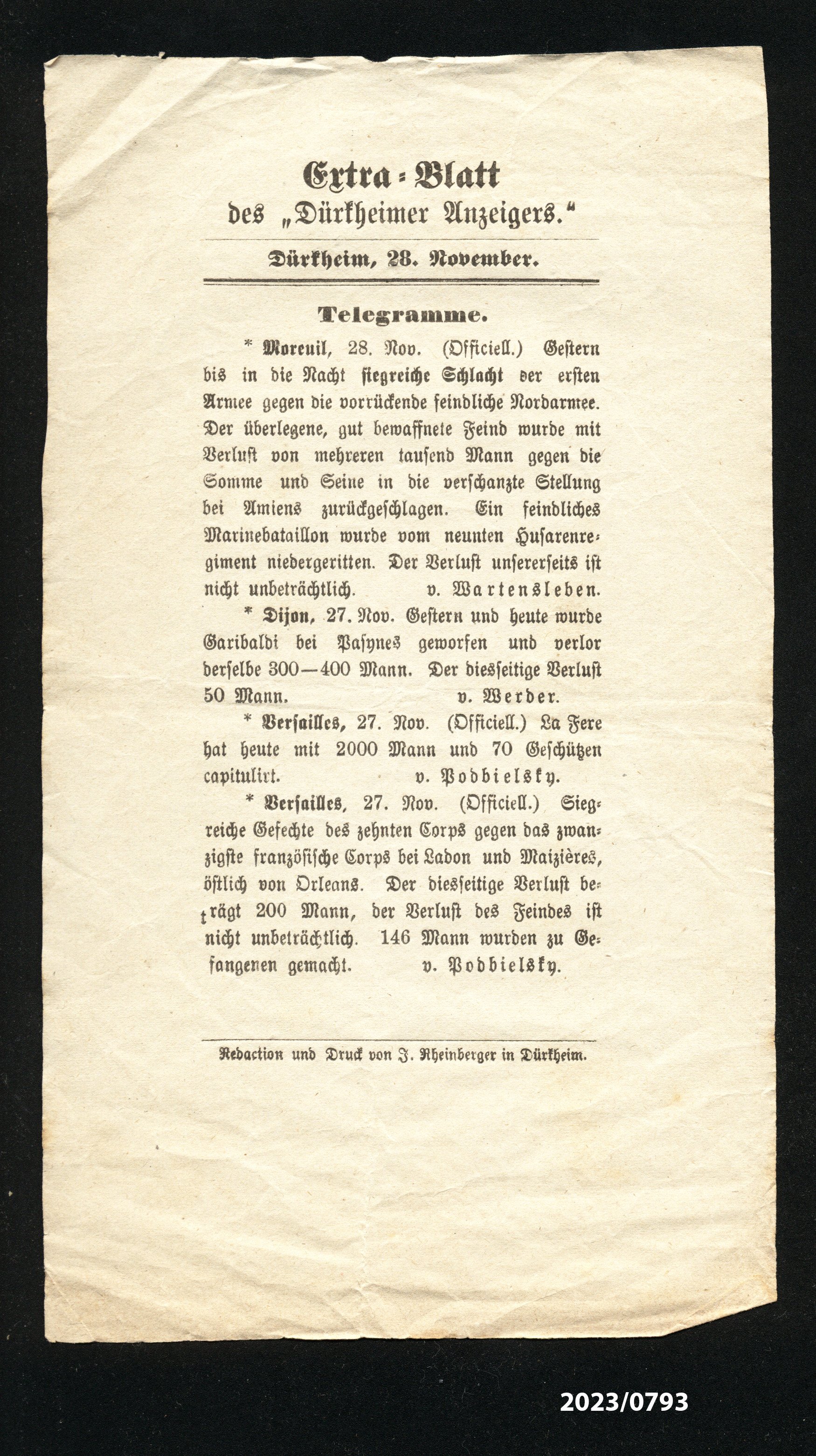Extra-Blatt des "Dürkheimer Anzeigers". 28.11.1870 (Stadtmuseum Bad Dürkheim im Kulturzentrum Haus Catoir CC BY-NC-SA)