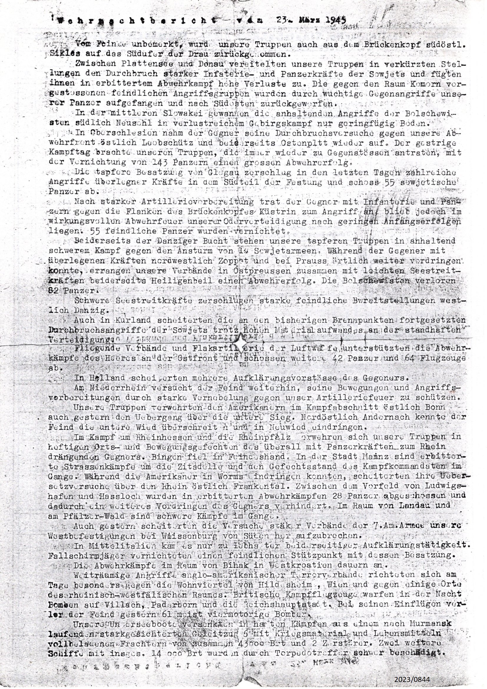 Fotokopie: Wehrmachtsbericht vom 23. März 1945 (Stadtmuseum Bad Dürkheim im Kulturzentrum Haus Catoir CC BY-NC-SA)