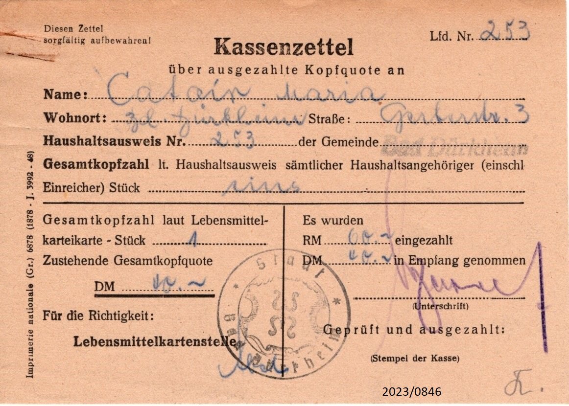 Kassenzettel über ausgezahlte Kopfquote (Stadtmuseum Bad Dürkheim im Kulturzentrum Haus Catoir CC BY-NC-SA)