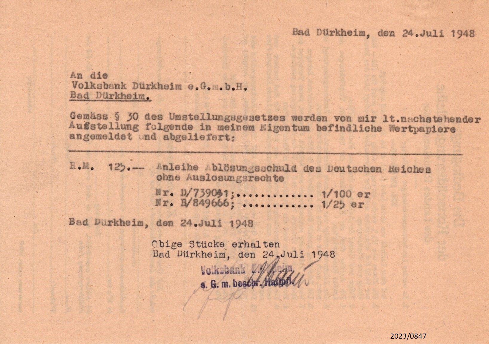 Schreiben an Volksbank Bad Dürkheim - Umstellungsgesetz 1948 (Stadtmuseum Bad Dürkheim im Kulturzentrum Haus Catoir CC BY-NC-SA)
