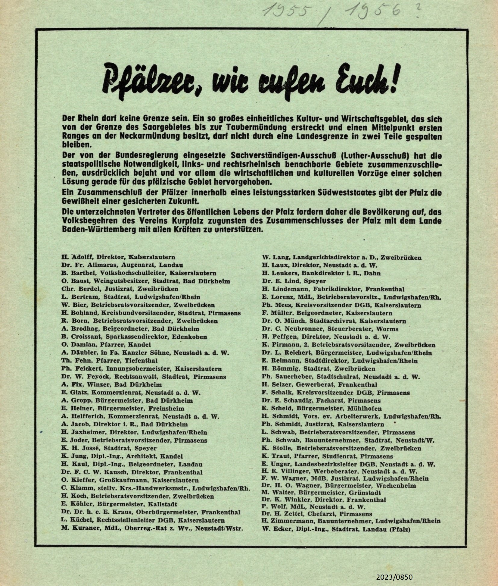 Pfälzer, wir rufen Euch! (1955/56) (Stadtmuseum Bad Dürkheim im Kulturzentrum Haus Catoir CC BY-NC-SA)