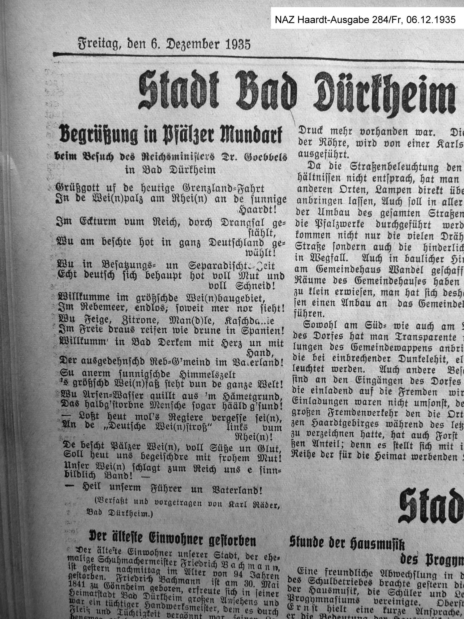 Zeitungsartikel über Besuch von Goebbels im Dürkheimer Fass (Stadtmuseum Bad Dürkheim im Kulturzentrum Haus Catoir CC BY-NC-SA)
