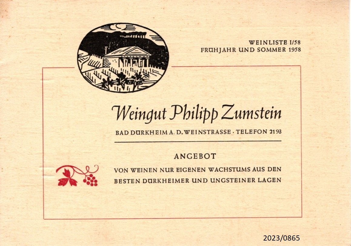 Weinliste 1/58 - Weingut Philipp Zumstein (Stadtmuseum Bad Dürkheim im Kulturzentrum Haus Catoir CC BY-NC-SA)
