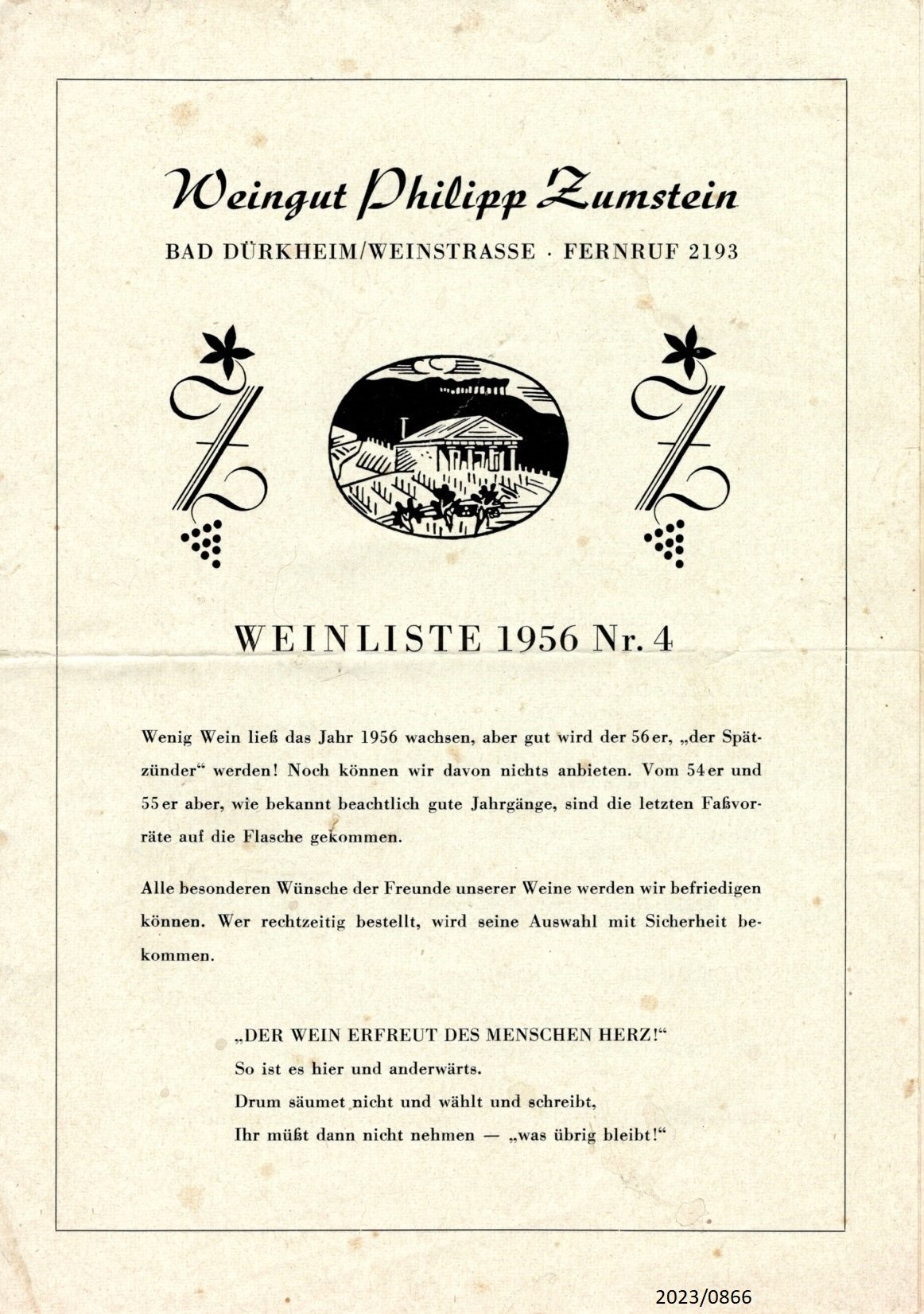 Weinliste 1956 Nr. 4 - Weingut Philipp Zumstein (Stadtmuseum Bad Dürkheim im Kulturzentrum Haus Catoir CC BY-NC-SA)