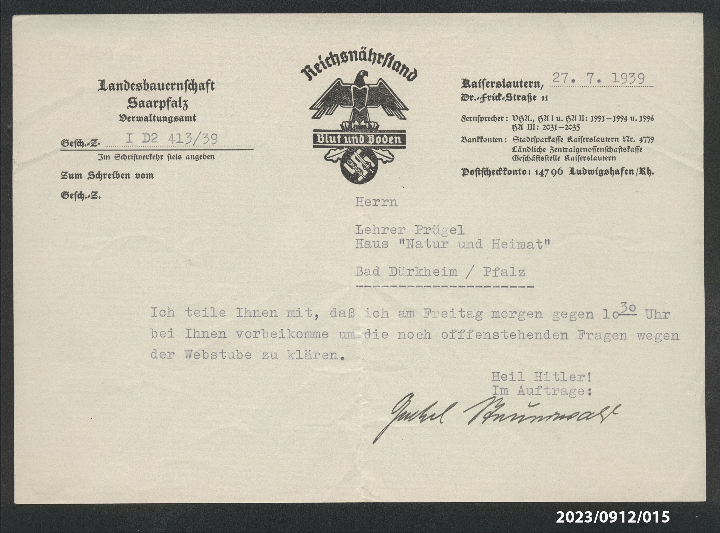 Brief von Gretel Steuerwald an Lehrer Prügel, 27.7.1939 (Stadtmuseum Bad Dürkheim im Kulturzentrum Haus Catoir CC BY-NC-SA)