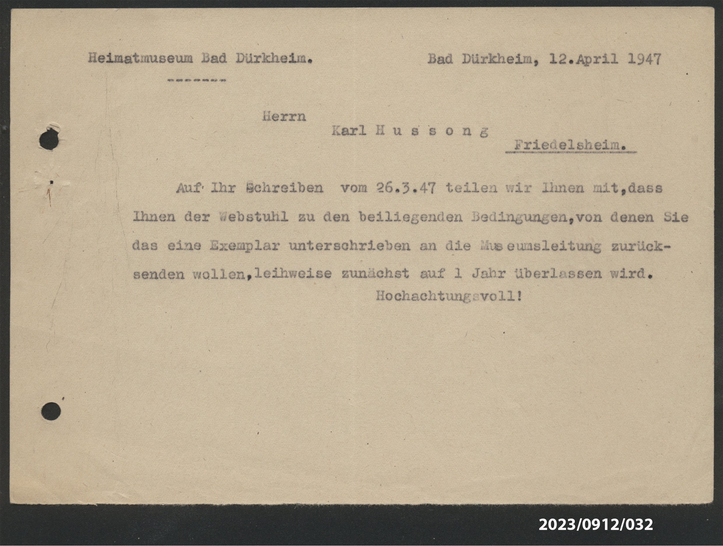 Notiz Leihe des Webstuhls an Karl Hussong, 12.4.1947 (Stadtmuseum Bad Dürkheim im Kulturzentrum Haus Catoir CC BY-NC-SA)