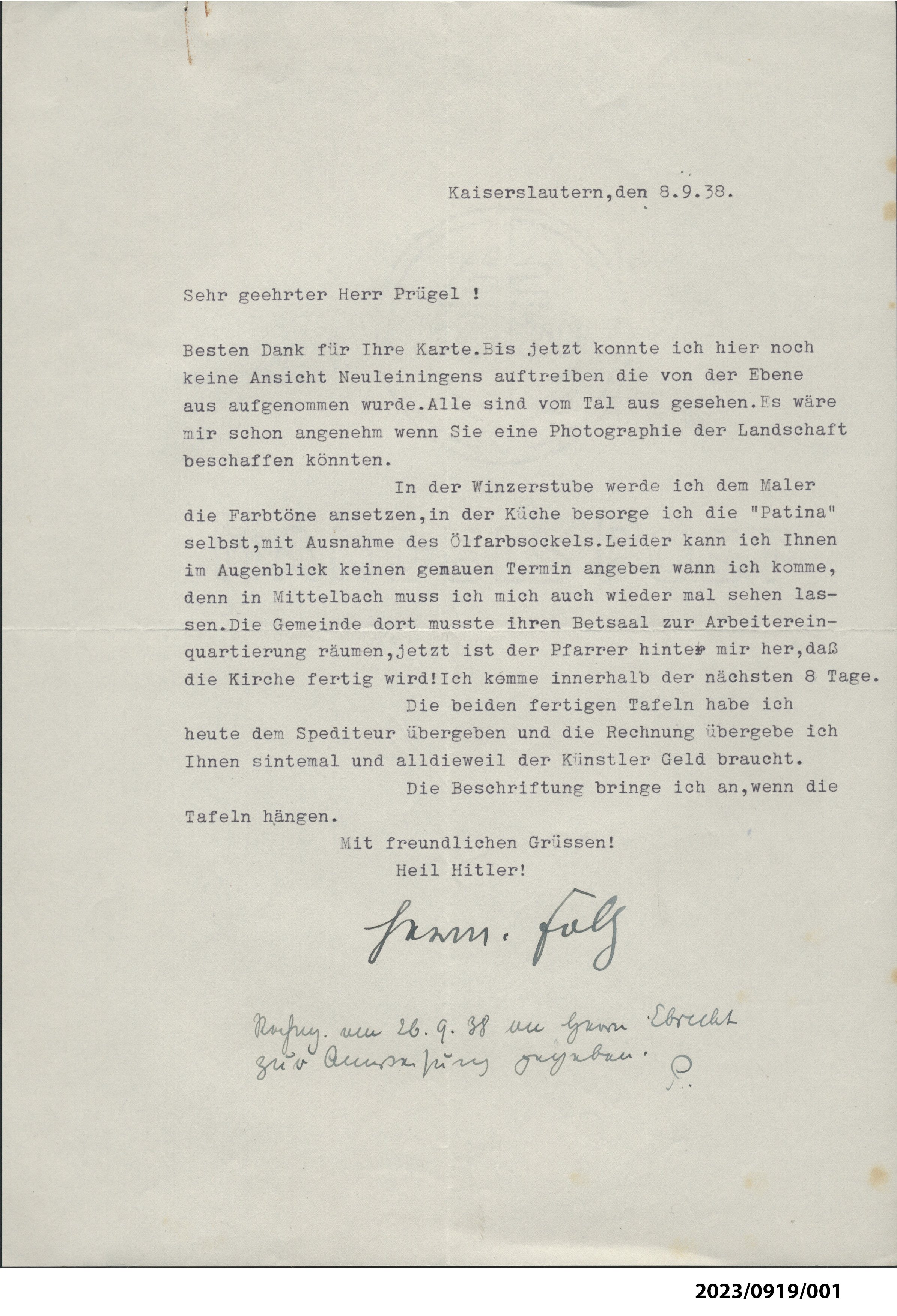 Brief H. Foltz an Herrn Prügel, 8.9.1938 (Stadtmuseum Bad Dürkheim im Kulturzentrum Haus Catoir CC BY-NC-SA)