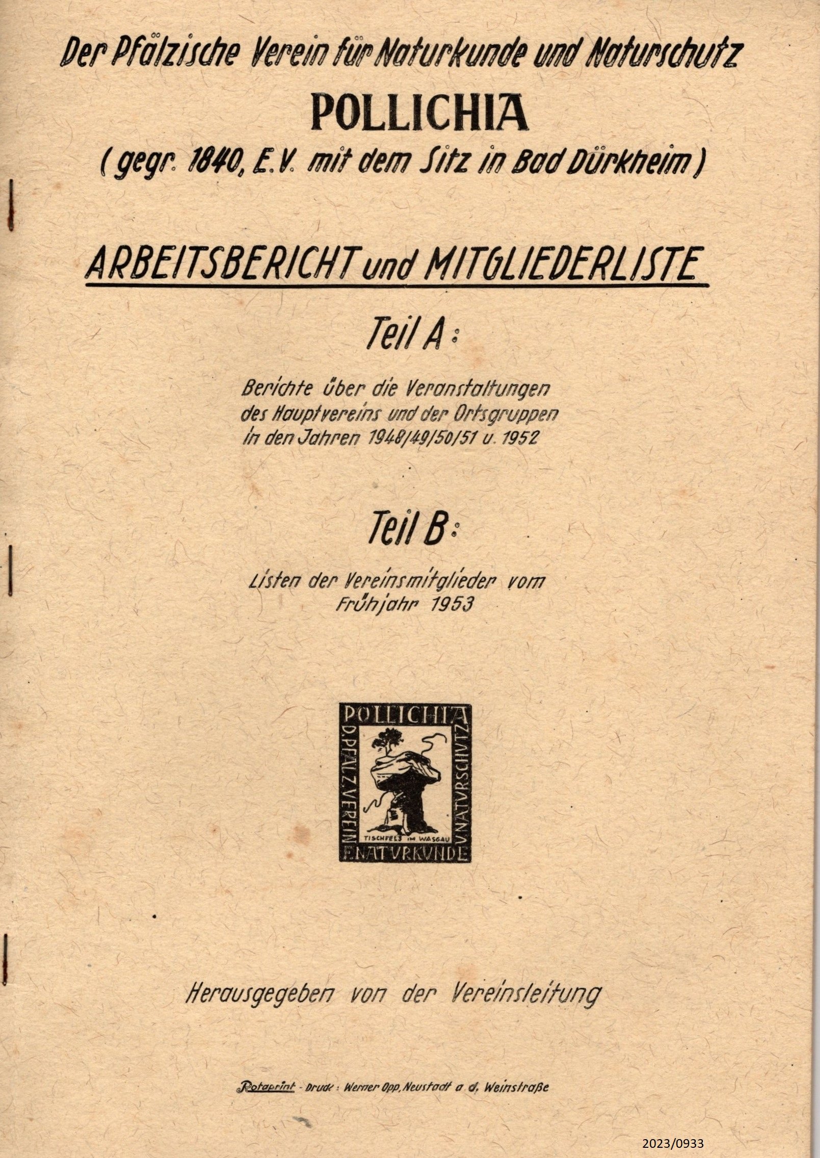 Arbeitsbericht der Pollichia 1948 bis 1952 (Stadtmuseum Bad Dürkheim im Kulturzentrum Haus Catoir CC BY-NC-SA)