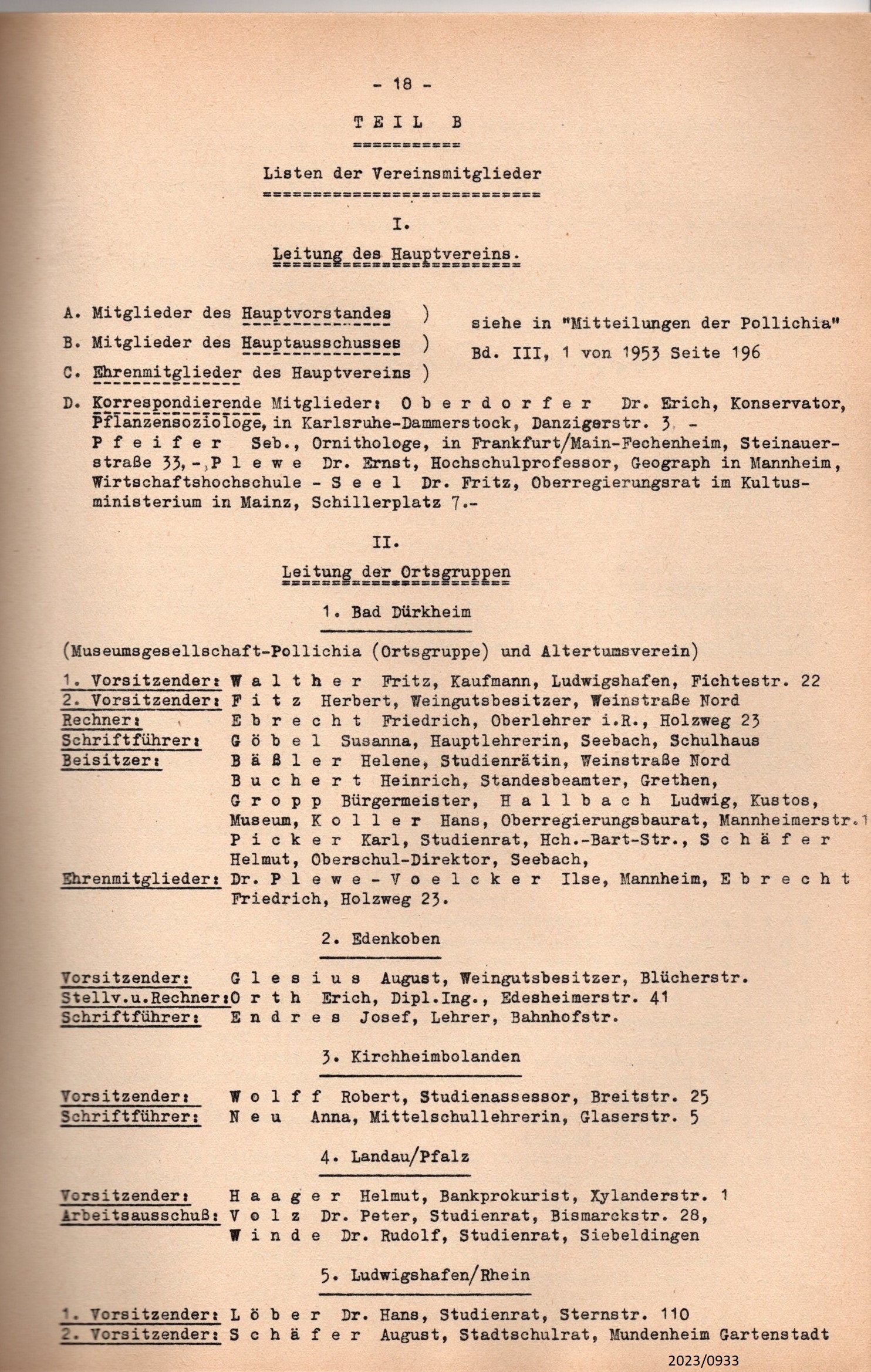 Mitgliederliste der Pollichia 1953 (Stadtmuseum Bad Dürkheim im Kulturzentrum Haus Catoir CC BY-NC-SA)