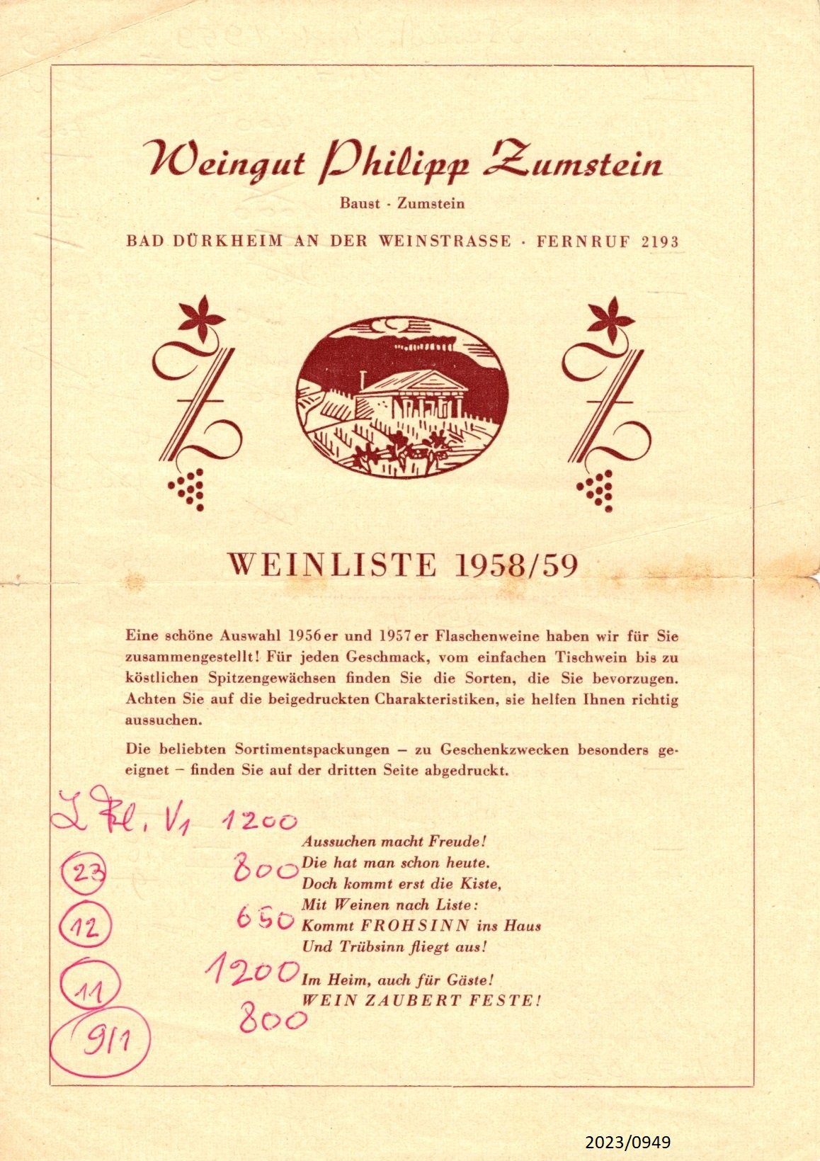 Weinliste 1958/59 Weingut Philipp Zumstein (Stadtmuseum Bad Dürkheim im Kulturzentrum Haus Catoir CC BY-NC-SA)