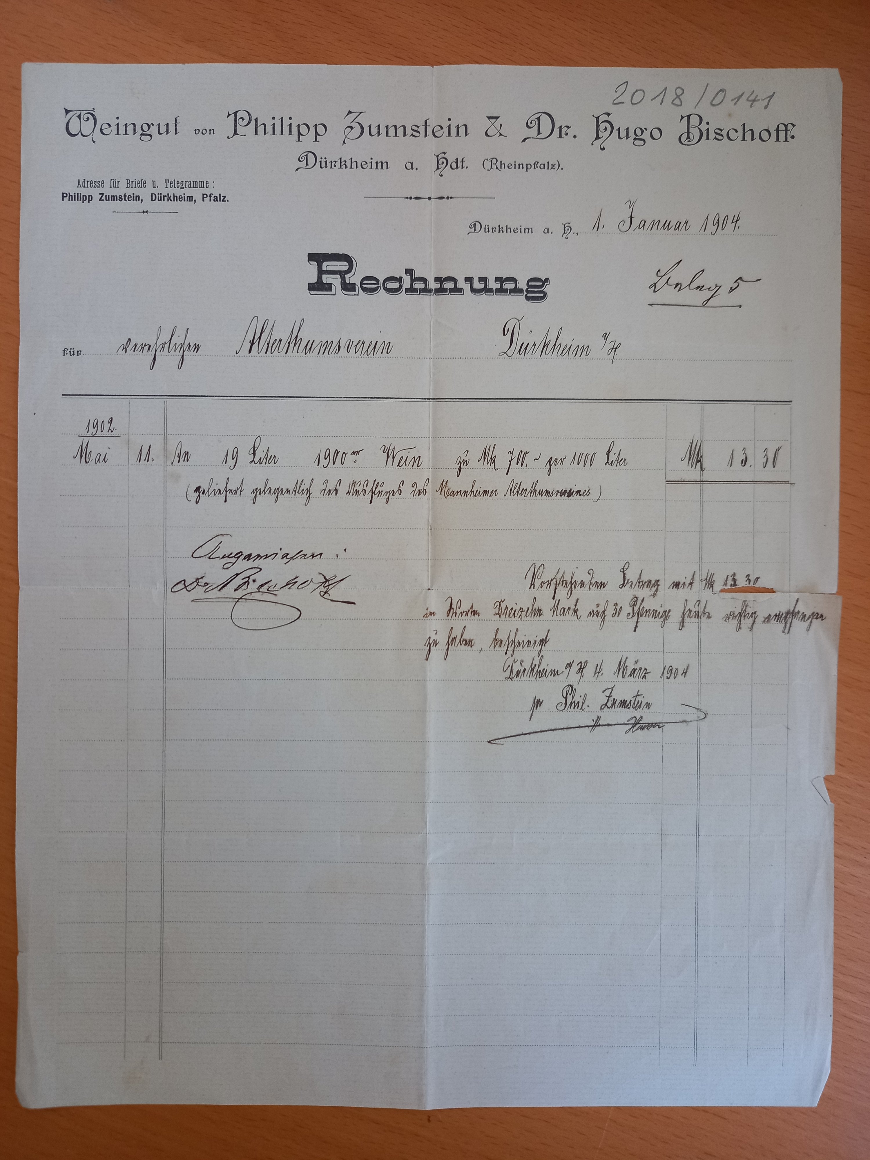 Rechnung an den Altertumsverein aus dem Jahr 1904 (Stadtmuseum Bad Dürkheim im Kulturzentrum Haus Catoir CC BY-NC-SA)