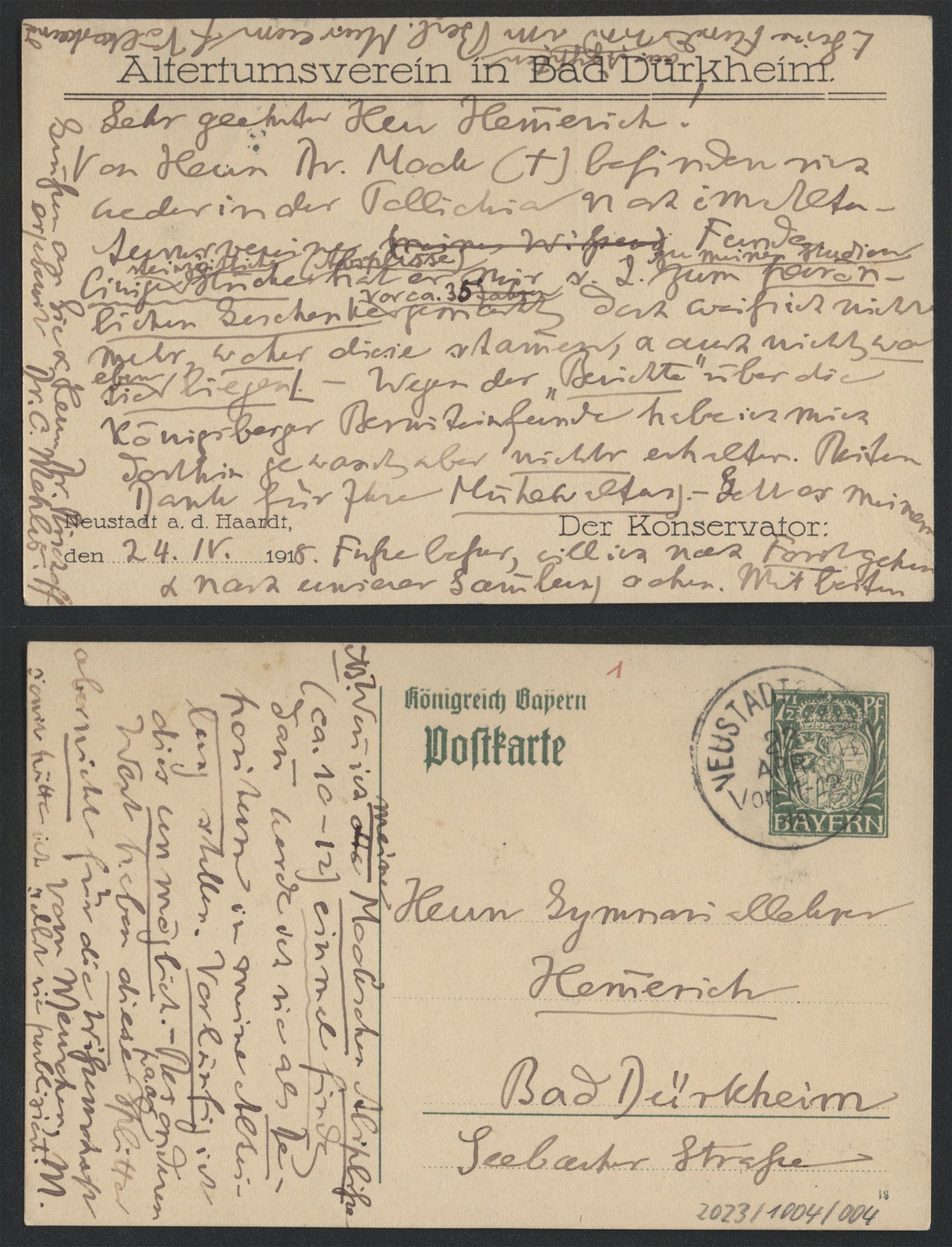 Postkarte C. Mehlis an Hemmerich (2 Seiten) (Stadtmuseum Bad Dürkheim im Kulturzentrum Haus Catoir CC BY-NC-SA)
