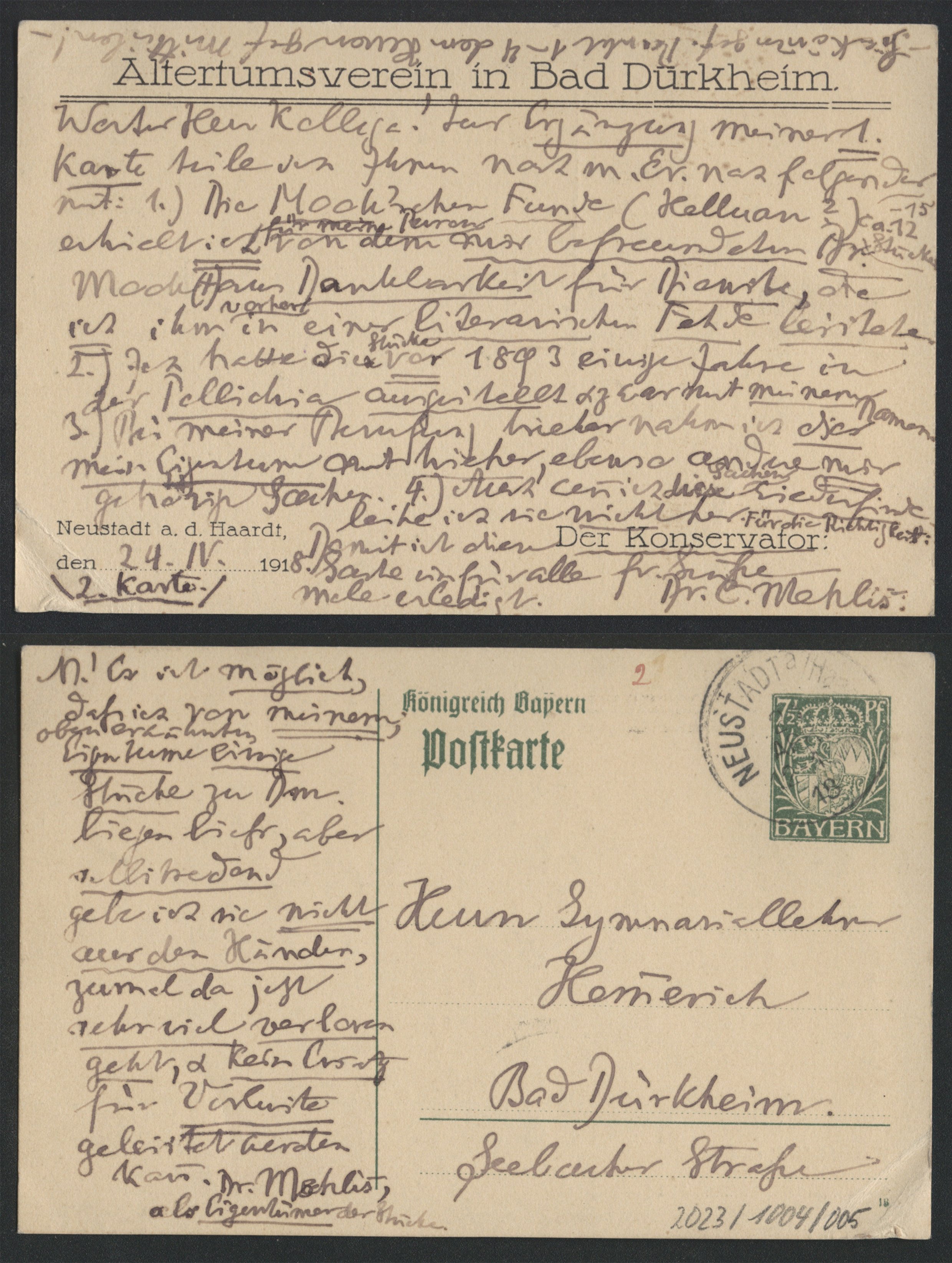 Postkarte von C. Mehlis an Hemmerich (2 Seiten) (Stadtmuseum Bad Dürkheim im Kulturzentrum Haus Catoir CC BY-NC-SA)