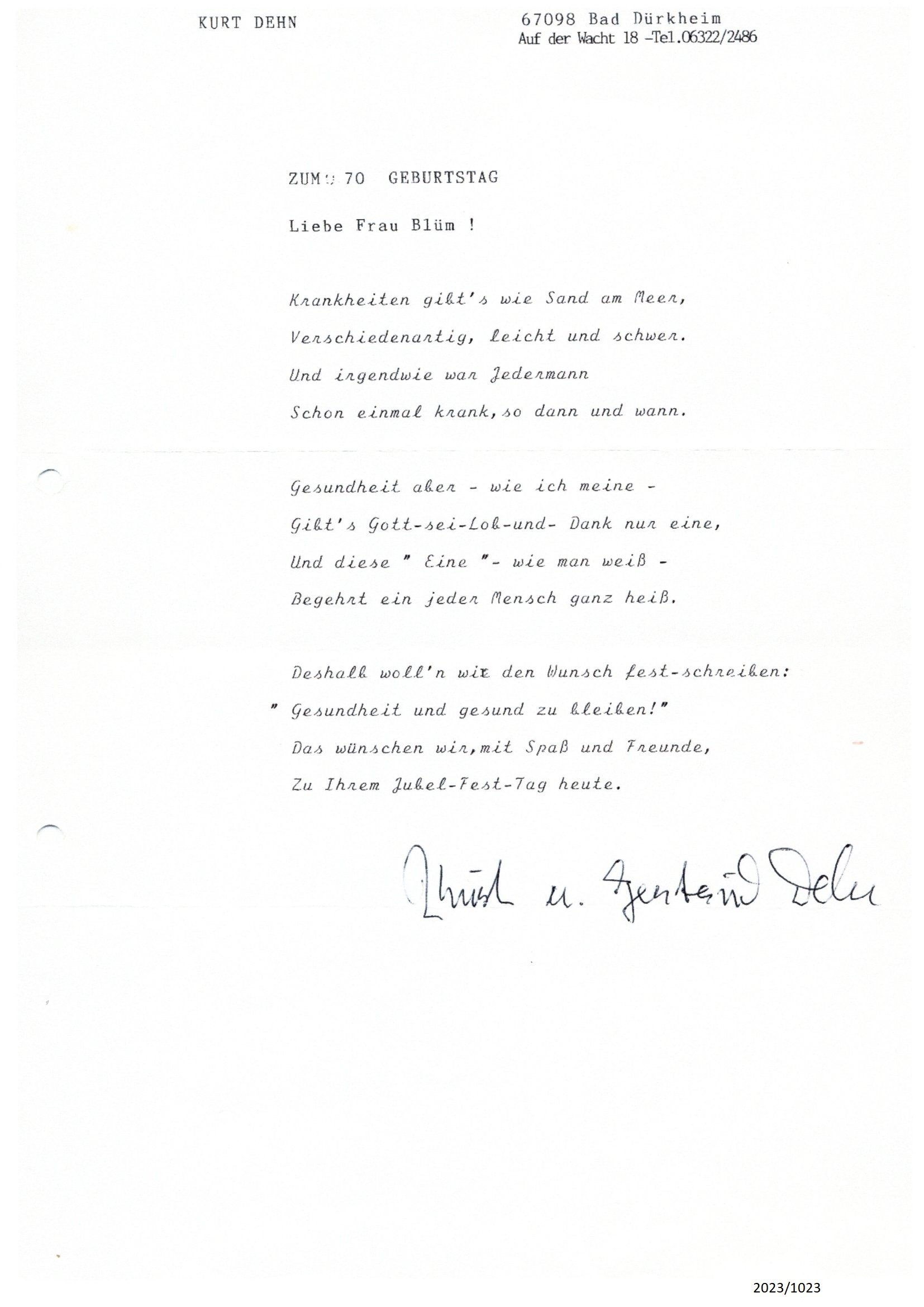Gedicht von Kurt Dehn für Frau Blüm zu ihrem 70. Geburtstag (Stadtmuseum Bad Dürkheim im Kulturzentrum Haus Catoir CC BY-NC-SA)