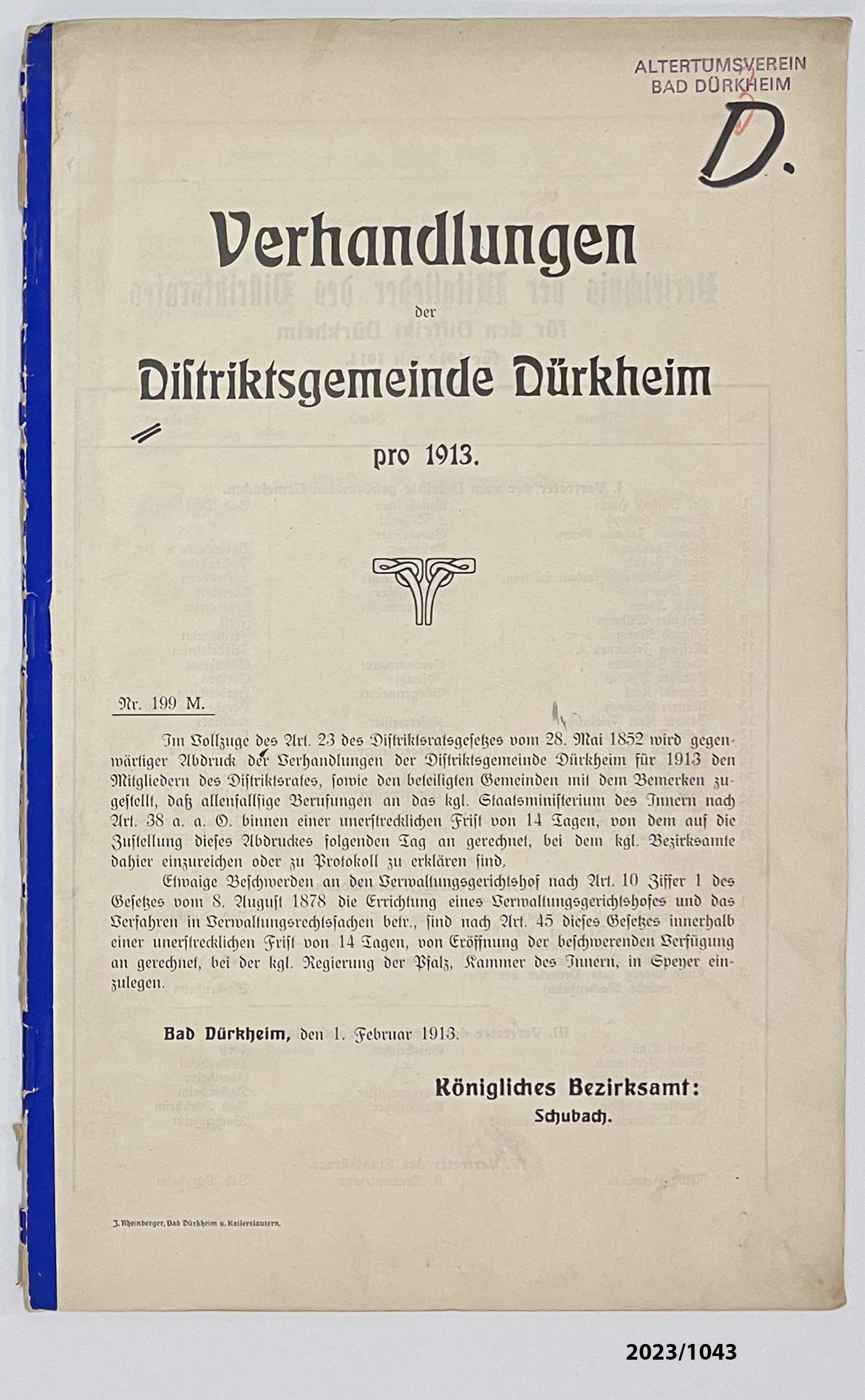 Verhandlungen der Distriktsgemeinde Dürkheim pro 1913 (Stadtmuseum Bad Dürkheim im Kulturzentrum Haus Catoir CC BY-NC-SA)