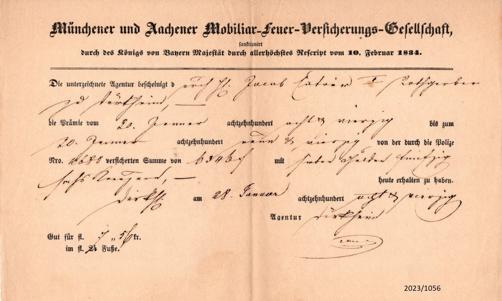 Quittung der Münchener und Aachener Mobiliar-Feuer-Versicherungs-Gesellschaft 1889 (Stadtmuseum Bad Dürkheim im Kulturzentrum Haus Catoir CC BY-NC-SA)