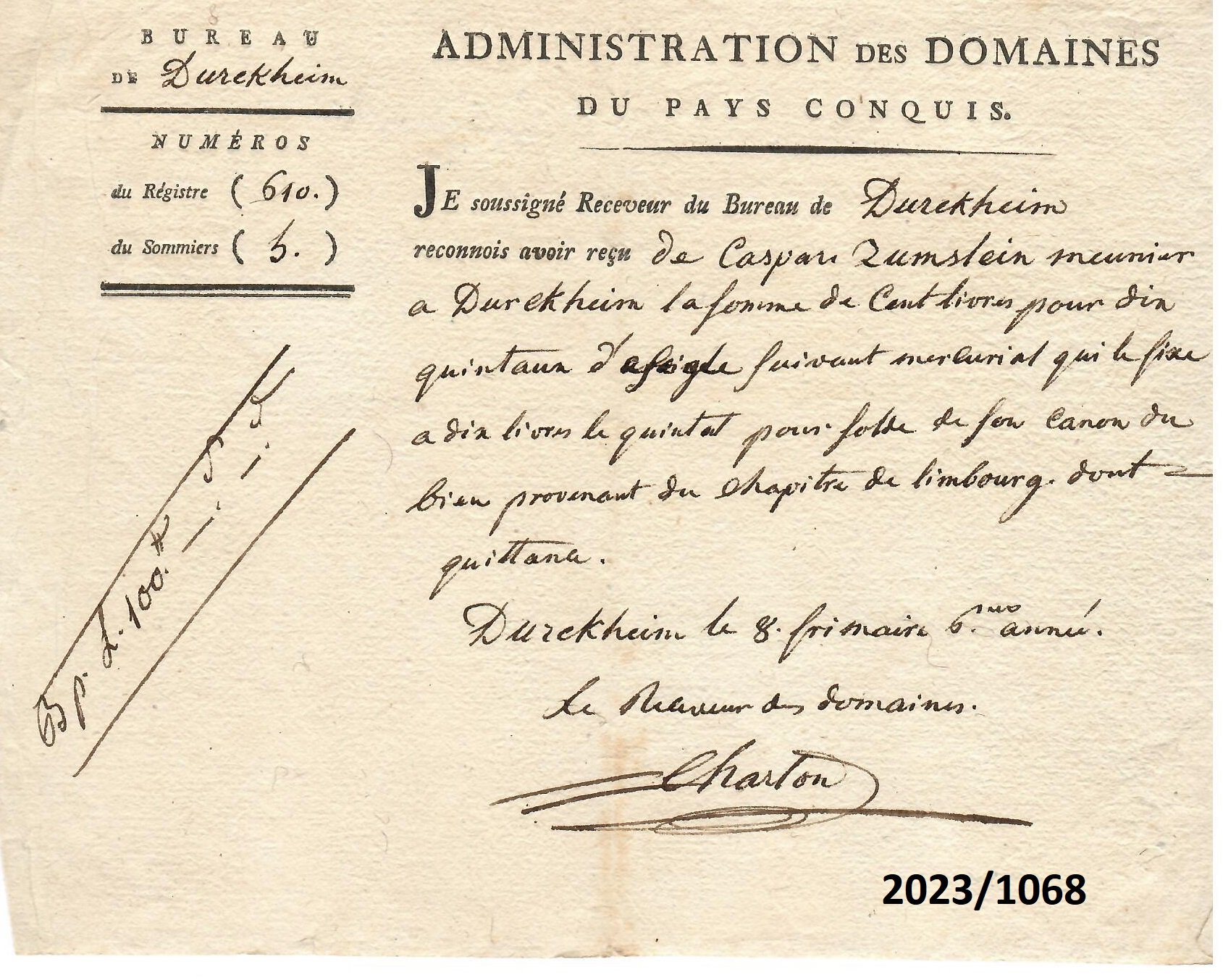 Pachtzahlung für 1797 (Stadtmuseum Bad Dürkheim im Kulturzentrum Haus Catoir CC BY-NC-SA)