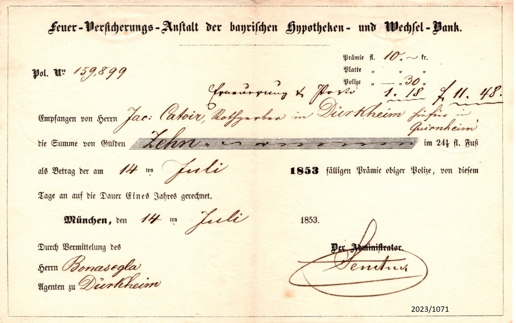 Quittung der Feuer-Versicherungs-Anstalt der Bayerischen Hypotheken- und Wechsel-Bank 1853 (Stadtmuseum Bad Dürkheim im Kulturzentrum Haus Catoir CC BY-NC-SA)