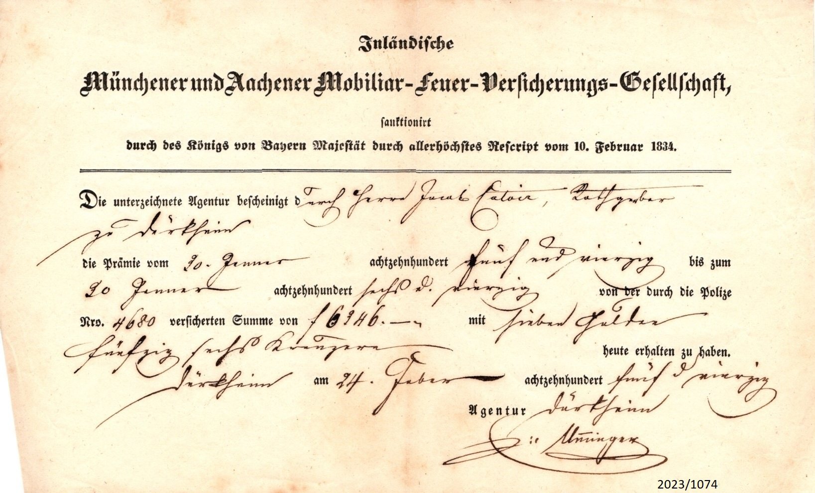 Quittung der Münchener und Aachener Mobiliar-Feuer-Versicherungs-Gesellschaft 1845 (Stadtmuseum Bad Dürkheim im Kulturzentrum Haus Catoir CC BY-NC-SA)