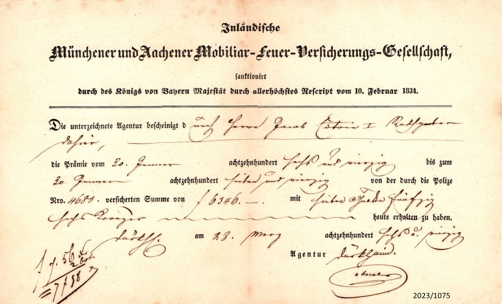 Quittung der Münchener und Aachener Mobiliar-Feuer-Versicherungs-Gesellschaft 1846 (Stadtmuseum Bad Dürkheim im Kulturzentrum Haus Catoir CC BY-NC-SA)