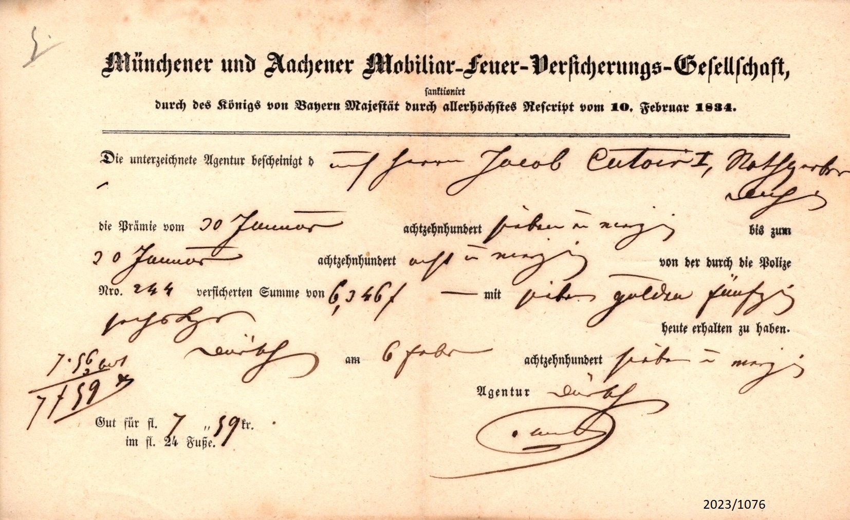 Quittung der Münchener und Aachener Mobiliar-Feuer-Versicherungs-Gesellschaft 1897 (Stadtmuseum Bad Dürkheim im Kulturzentrum Haus Catoir CC BY-NC-SA)