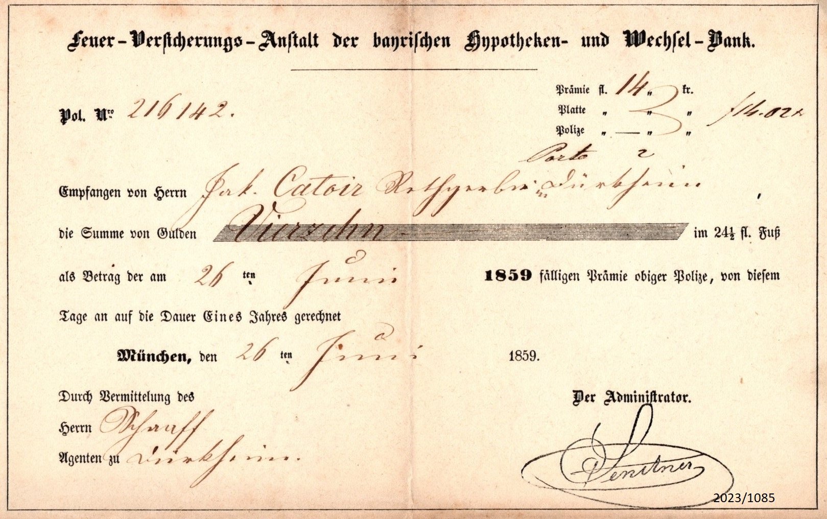 Quittung der Feuerversicherugs-Anstalt der Bayerischen Hypotheken- und Wechsel-Bank 1859 (Stadtmuseum Bad Dürkheim im Kulturzentrum Haus Catoir CC BY-NC-SA)