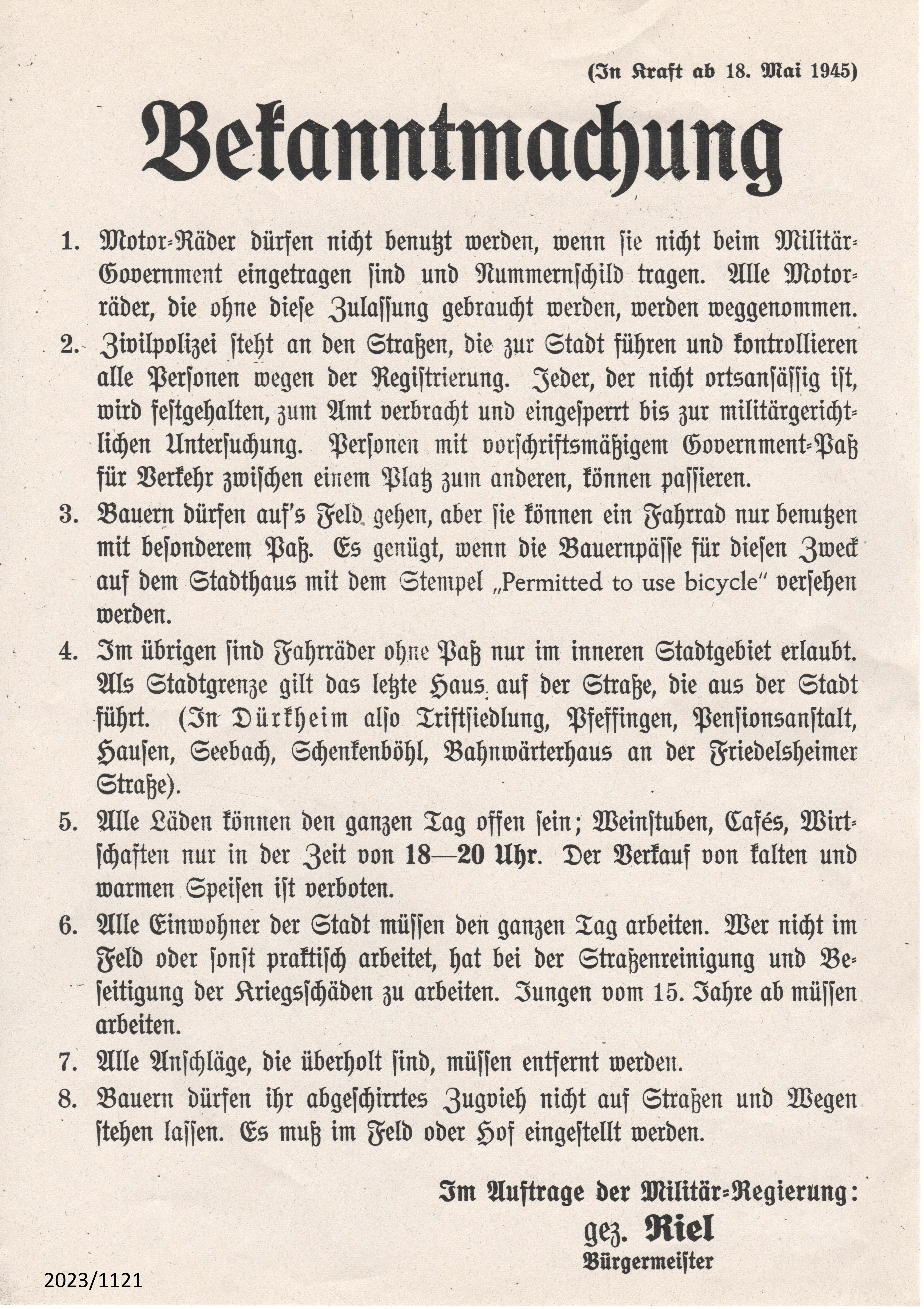 Bekanntmachung der Militärregierung Mai 1945 (Stadtmuseum Bad Dürkheim im Kulturzentrum Haus Catoir CC BY-NC-SA)