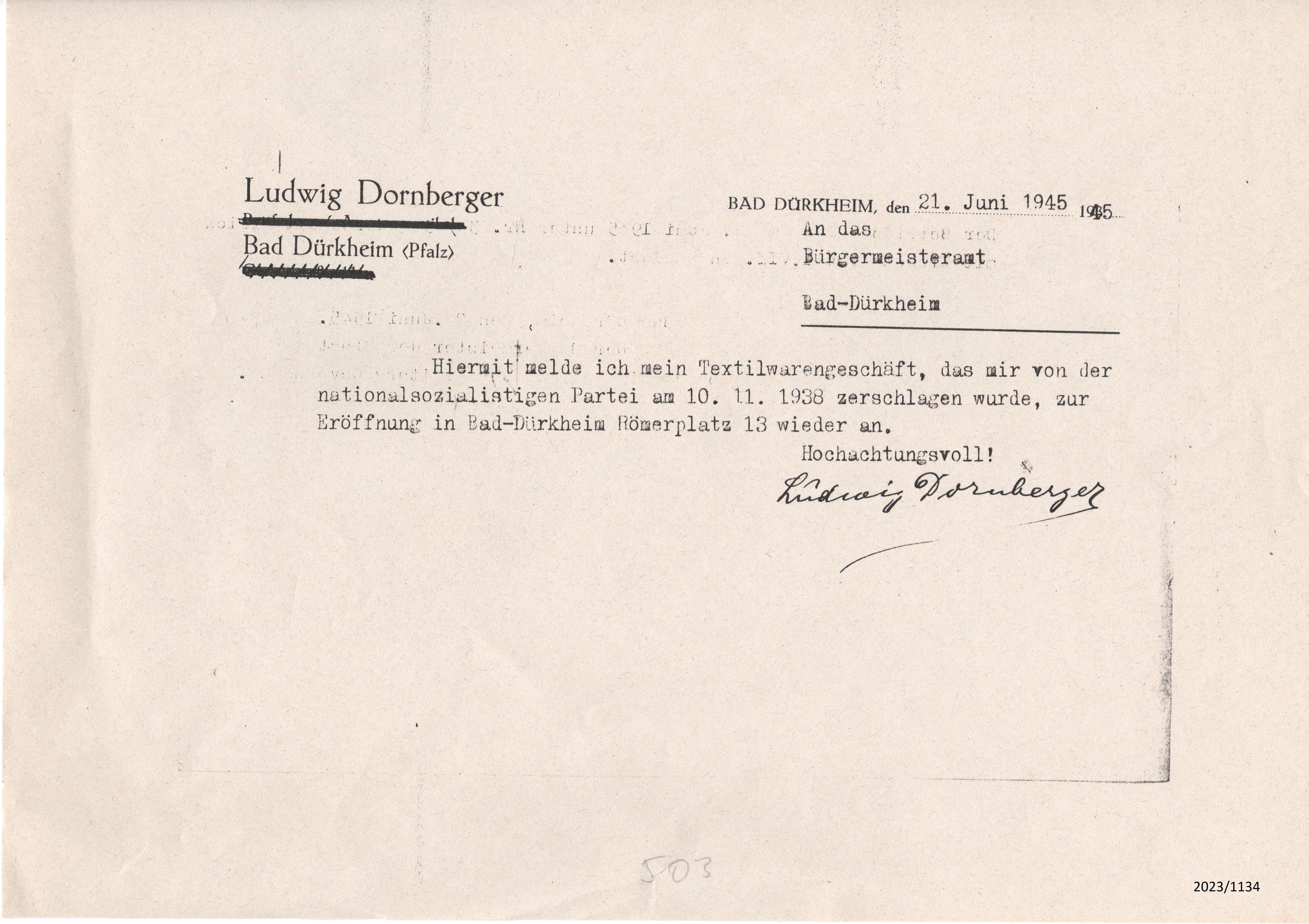 Schreiben von Ludwig Dornberger an Bürgermeisteramt Bad Dürkheim, Juni 1945 (Stadtmuseum Bad Dürkheim im Kulturzentrum Haus Catoir CC BY-NC-SA)