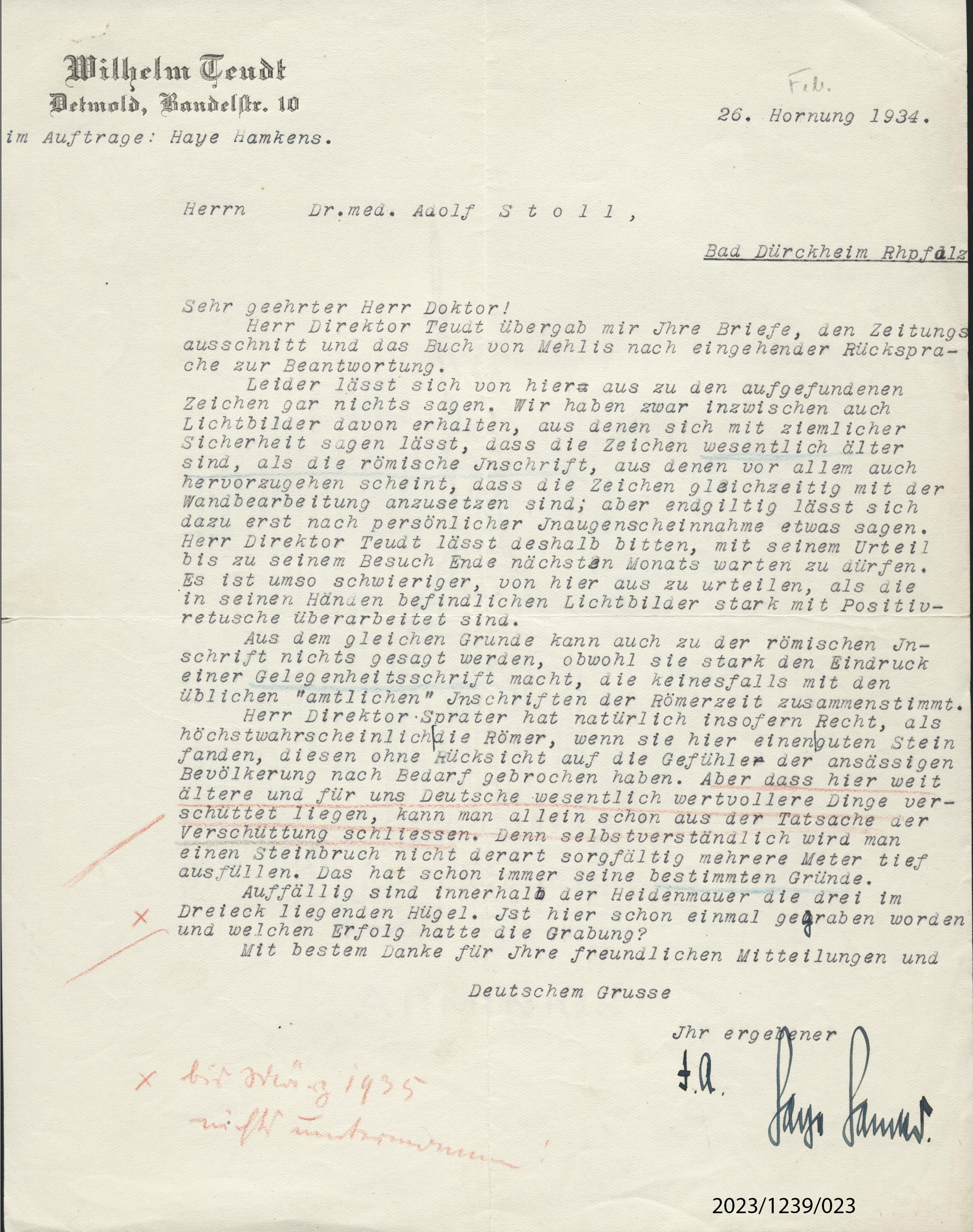 Brief von Wilhelm Teudt an Adolf Stoll, 26.2.1934 (Stadtmuseum Bad Dürkheim im Kulturzentrum Haus Catoir CC BY-NC-SA)
