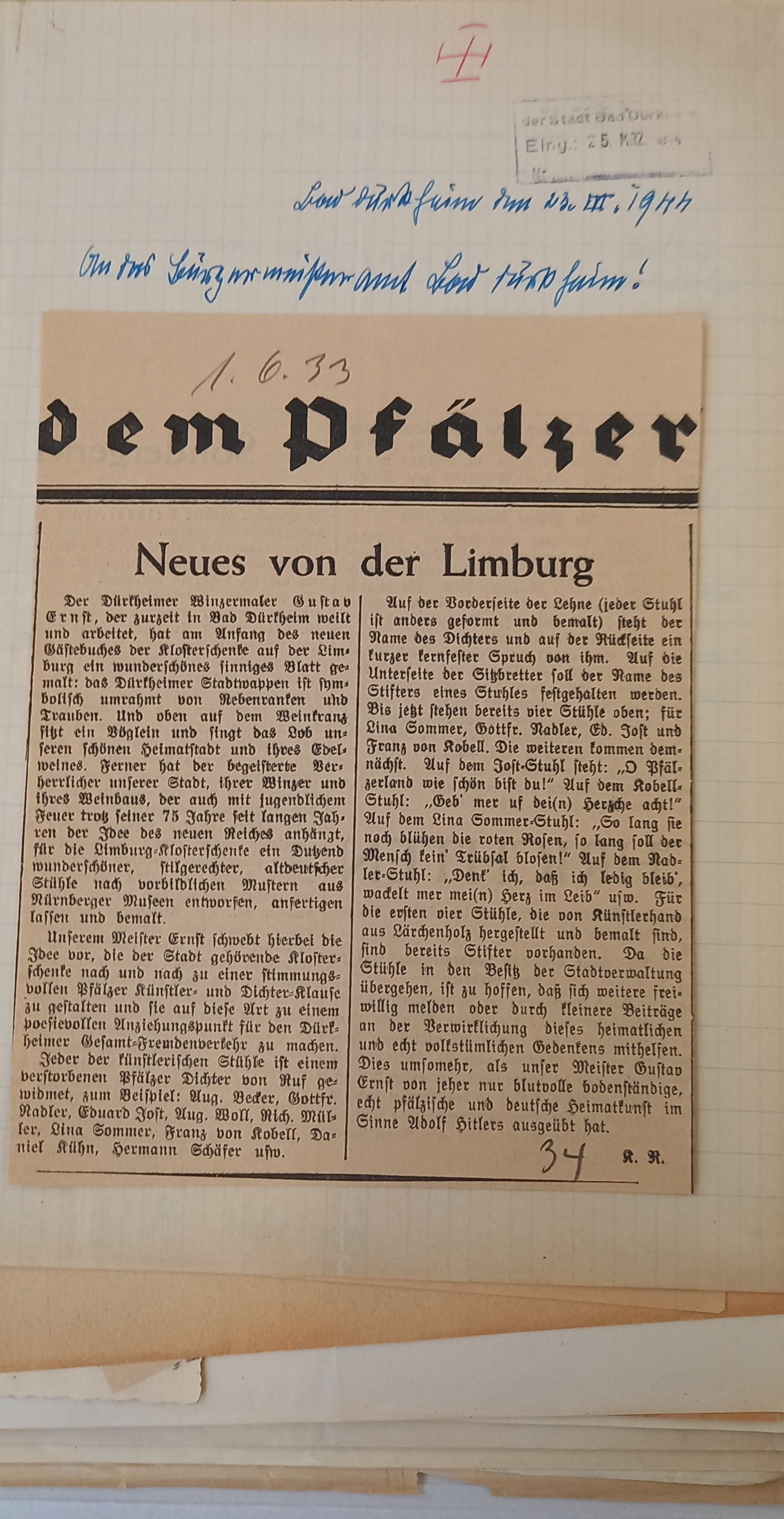 Zeitungsbericht Karl Räders über die sog. Limburgstühle (Stadtmuseum Bad Dürkheim im Kulturzentrum Haus Catoir CC BY-NC-SA)