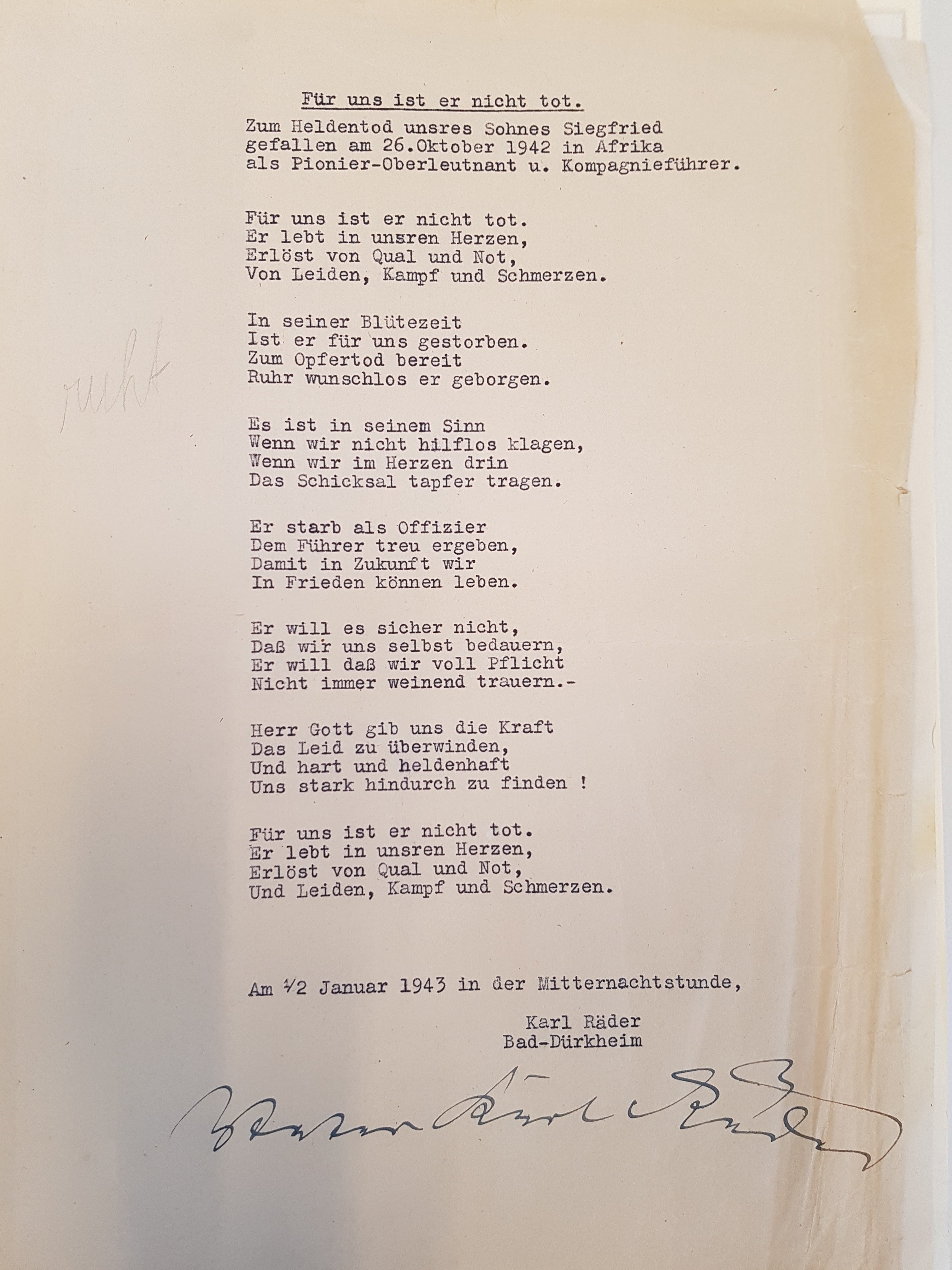 Gedicht von Karl Räder an seinen gefallenen Sohn (Stadtmuseum Bad Dürkheim im Kulturzentrum Haus Catoir CC BY-NC-SA)