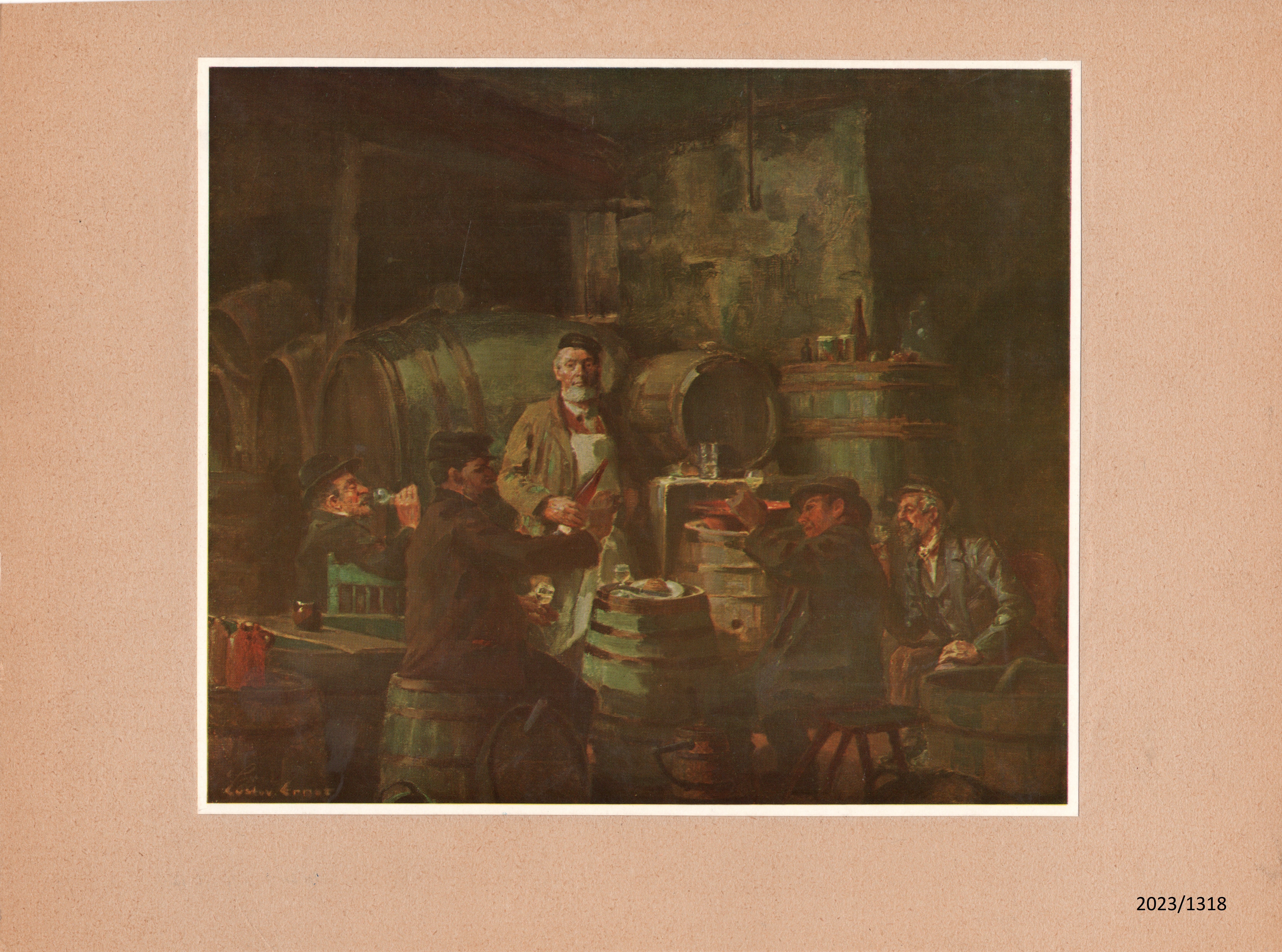 "Probe im Weinkeller" von Gustav Ernst, 1930 (abfotografiert) (Stadtmuseum Bad Dürkheim im Kulturzentrum Haus Catoir CC BY-NC-SA)