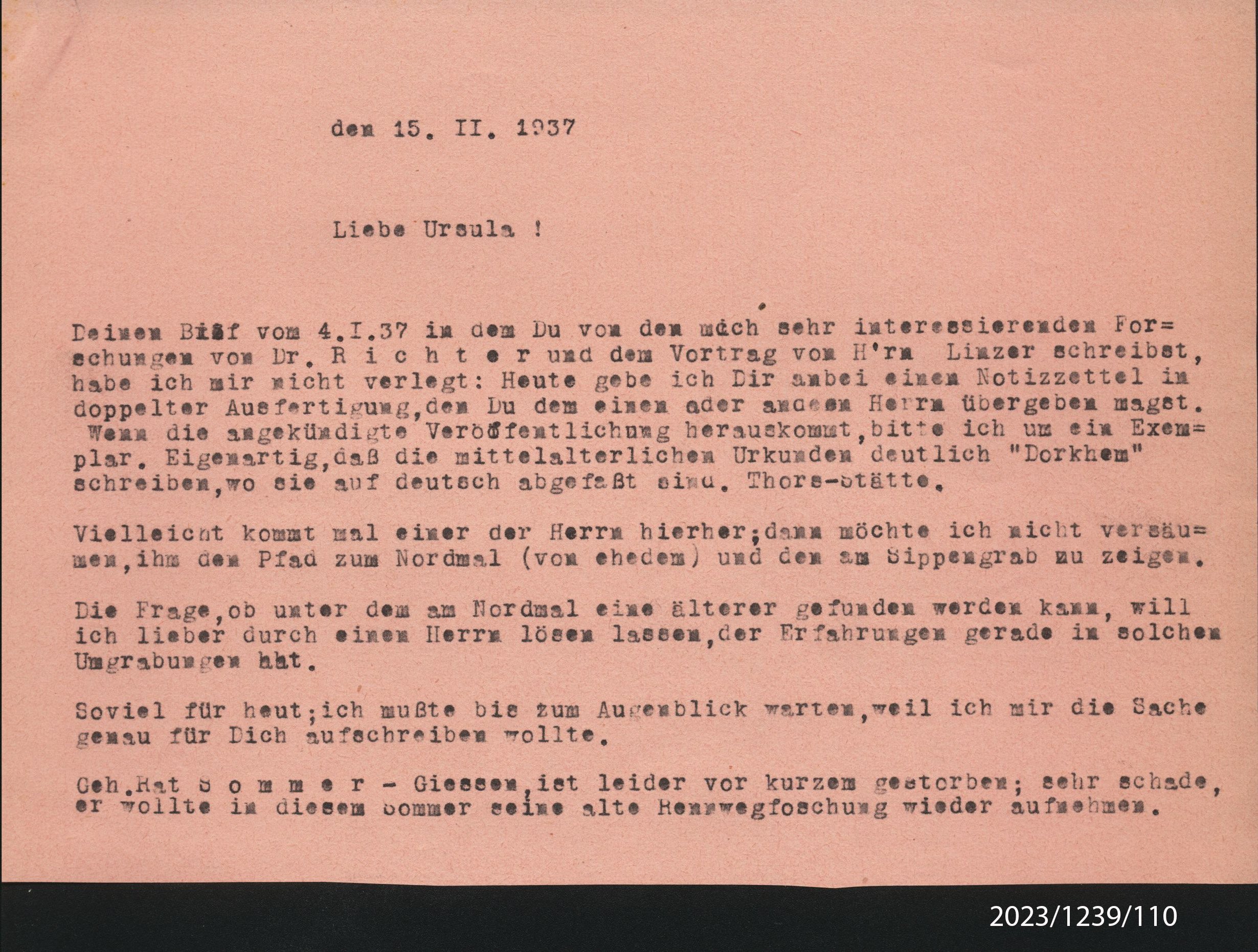 Brief von Adolf Stoll an Ursula, 15.2.1937 (Stadtmuseum Bad Dürkheim im Kulturzentrum Haus Catoir CC BY-NC-SA)