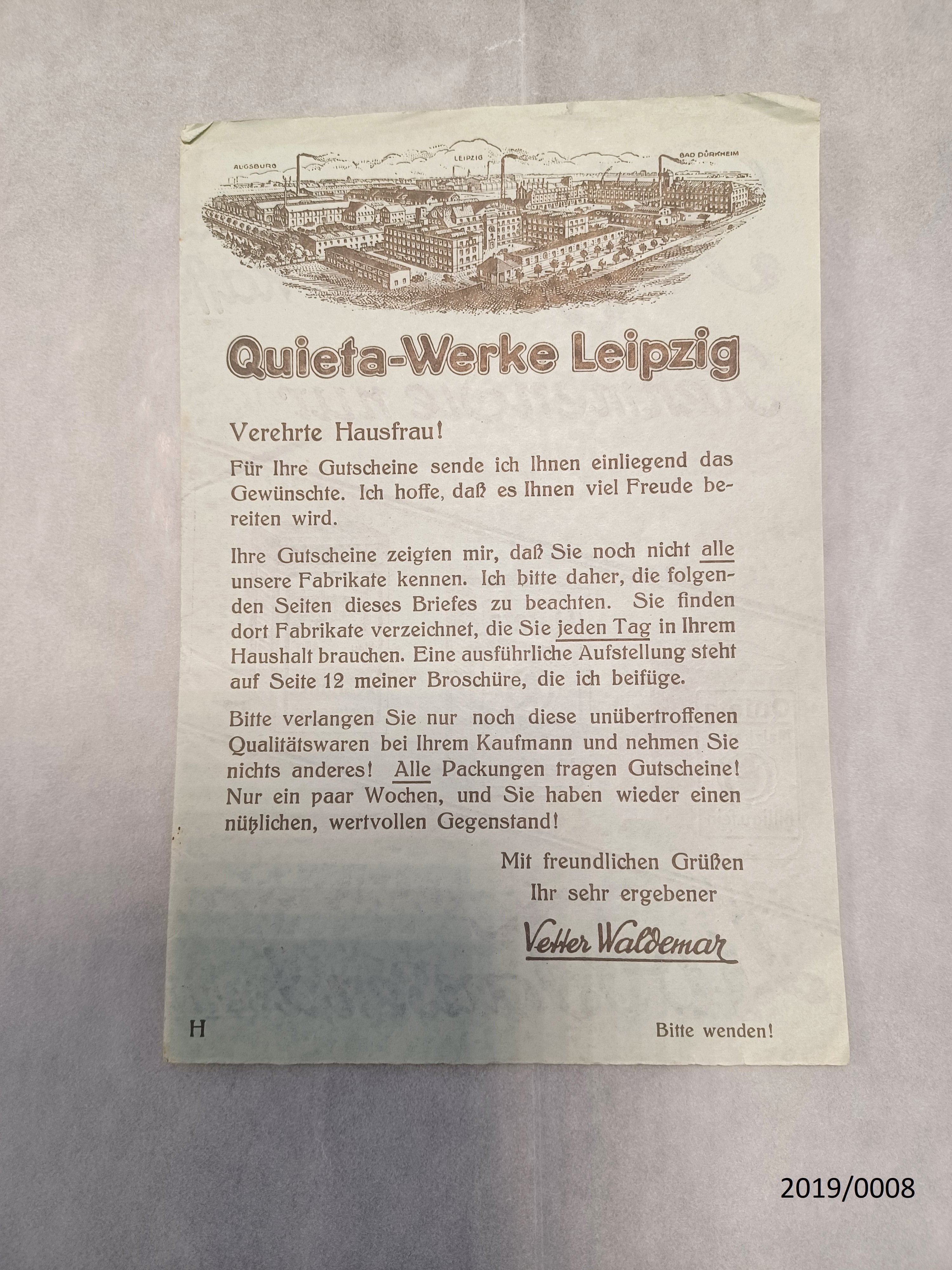 Werbeblatt der Firma Quieta Leipzig (Stadtmuseum Bad Dürkheim im Kulturzentrum Haus Catoir CC BY-NC-SA)