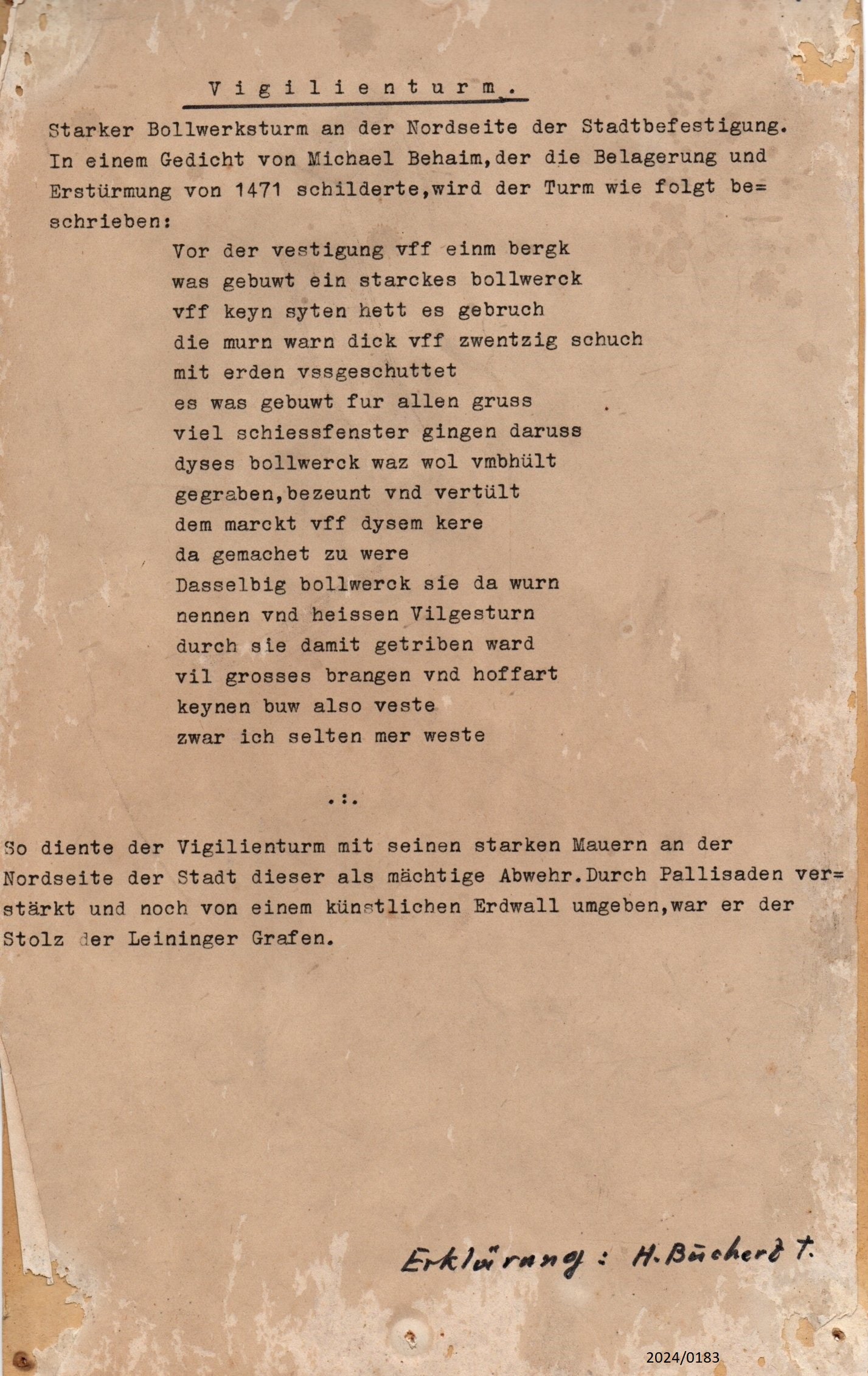 Gedicht von Michael Behaim zum Vigilienturm (1471) (Stadtmuseum Bad Dürkheim im Kulturzentrum Haus Catoir CC BY-NC-SA)