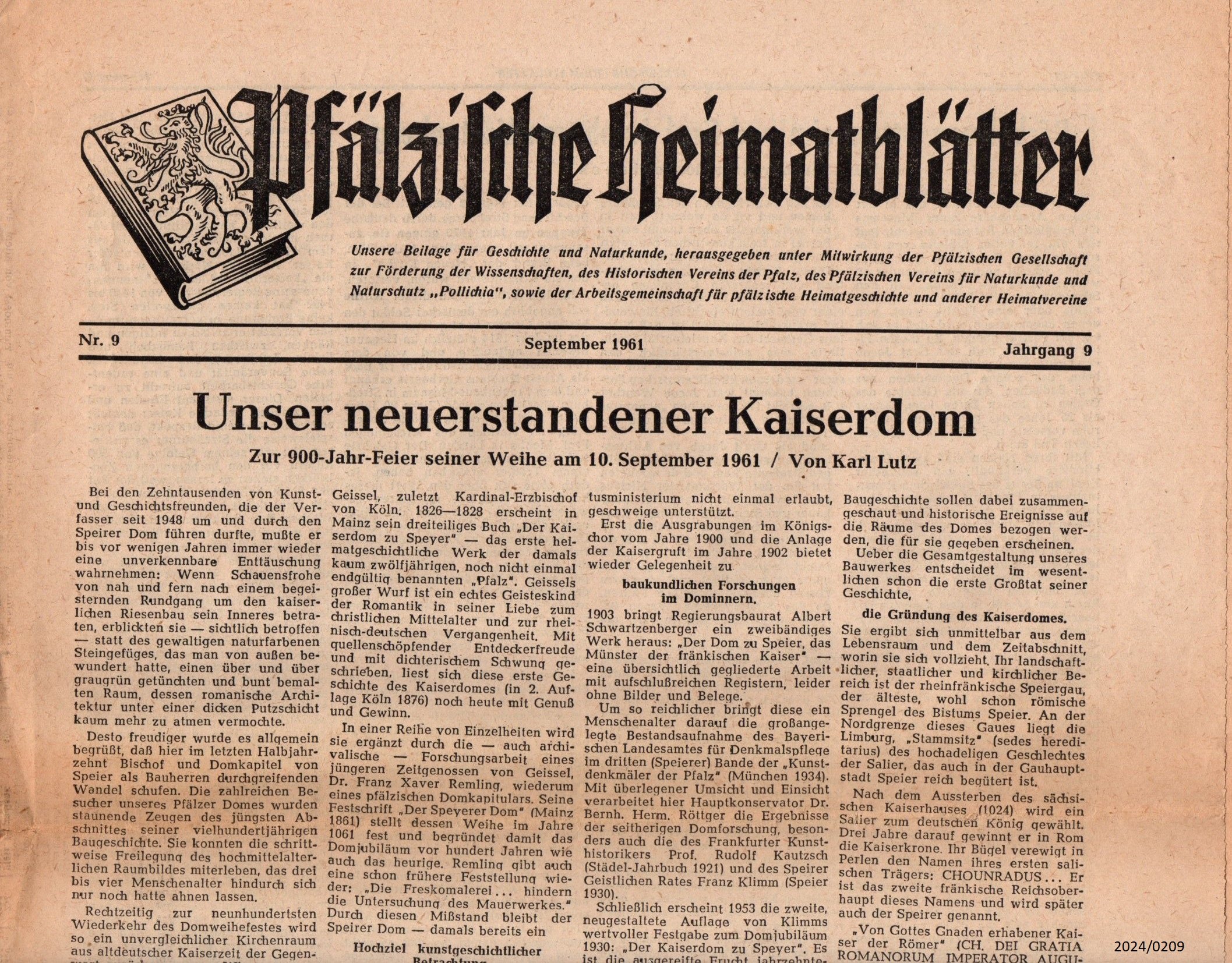 Pfälzische Heimatblätter Nr. 9 September 1961 Jahrgang 9 (Stadtmuseum Bad Dürkheim im Kulturzentrum Haus Catoir CC BY-NC-SA)