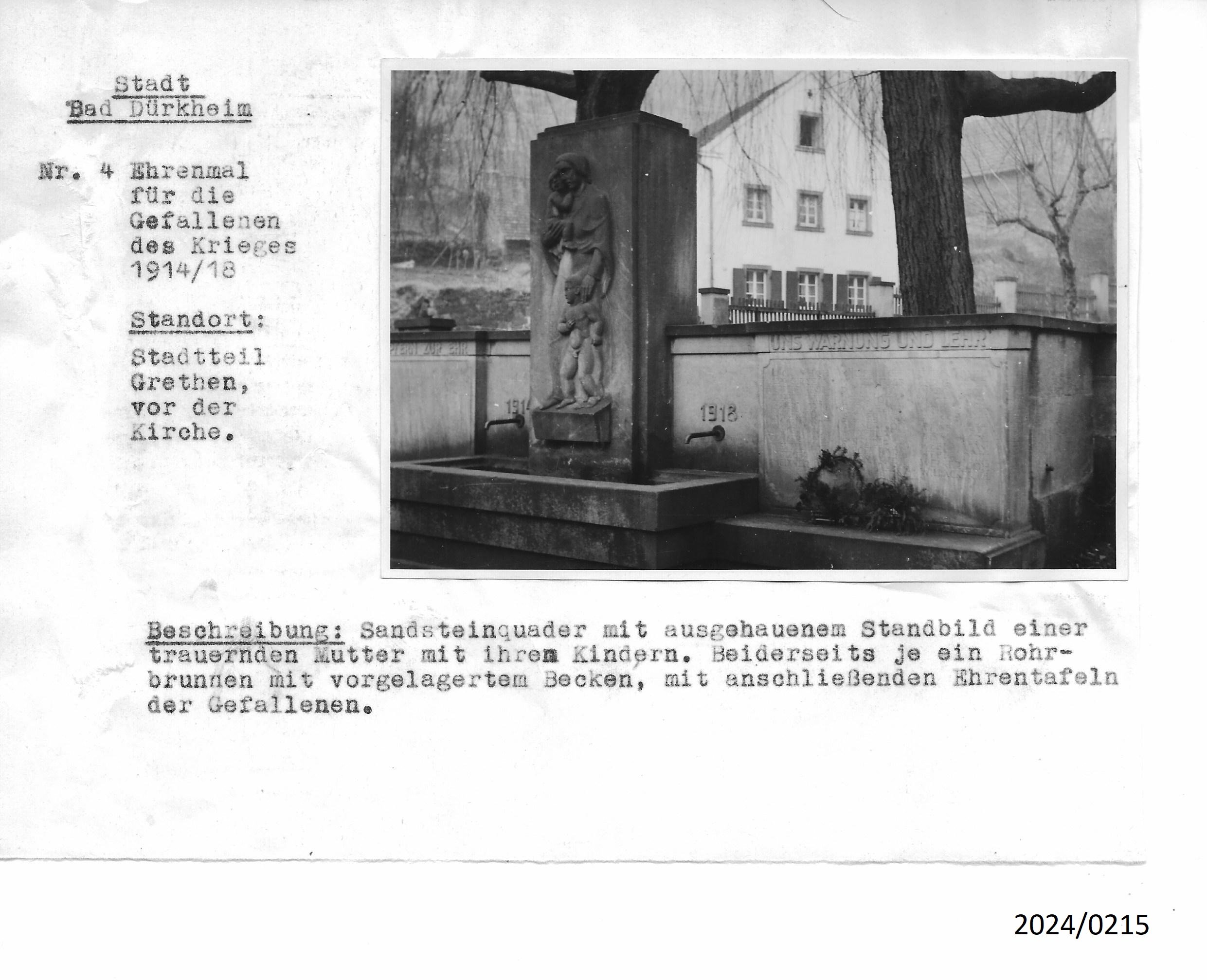Bad Dürkheim-Grethen, Ehrenmal für die Gefallenen des 1. Weltkriegs, um 1948 (Stadtmuseum Bad Dürkheim im Kulturzentrum Haus Catoir CC BY-NC-SA)