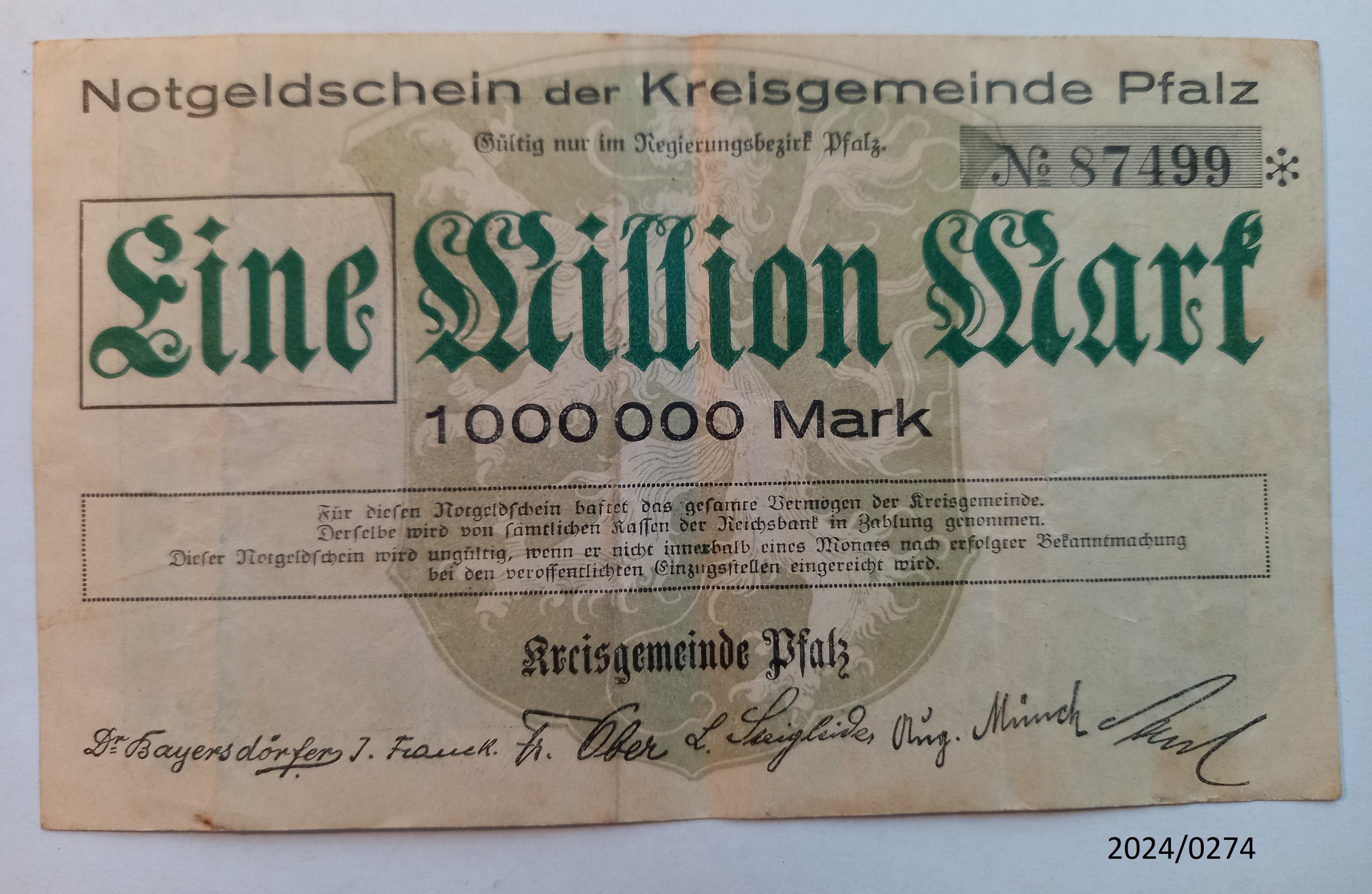Notgeld Notgeldschein der Kreisgemeinde Pfalz 1 Million Mark; 87499 (Stadtmuseum Bad Dürkheim im Kulturzentrum Haus Catoir CC BY-NC-SA)