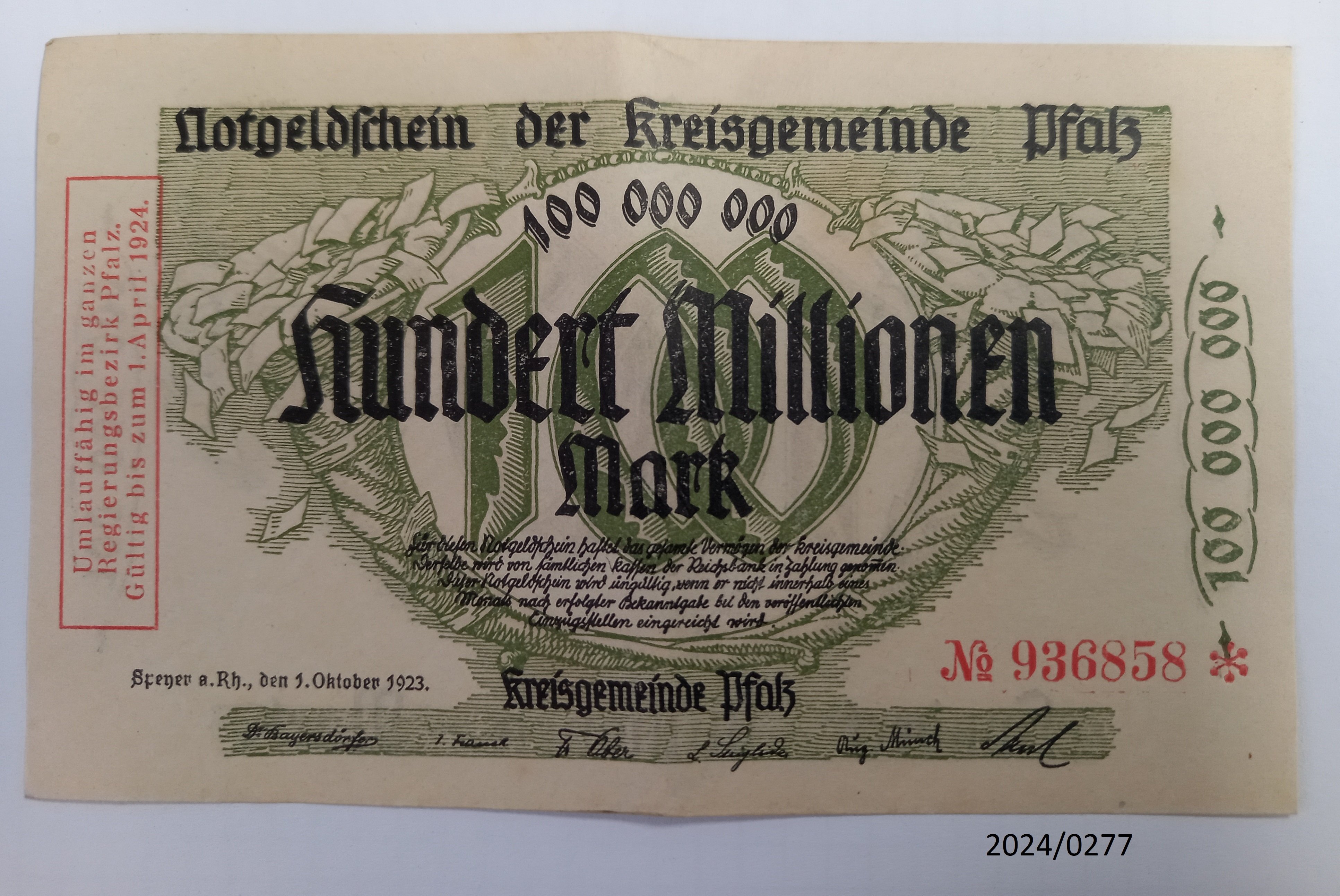 Hundert Millionen Mark Schein (Stadtmuseum Bad Dürkheim im Kulturzentrum Haus Catoir CC BY-NC-SA)