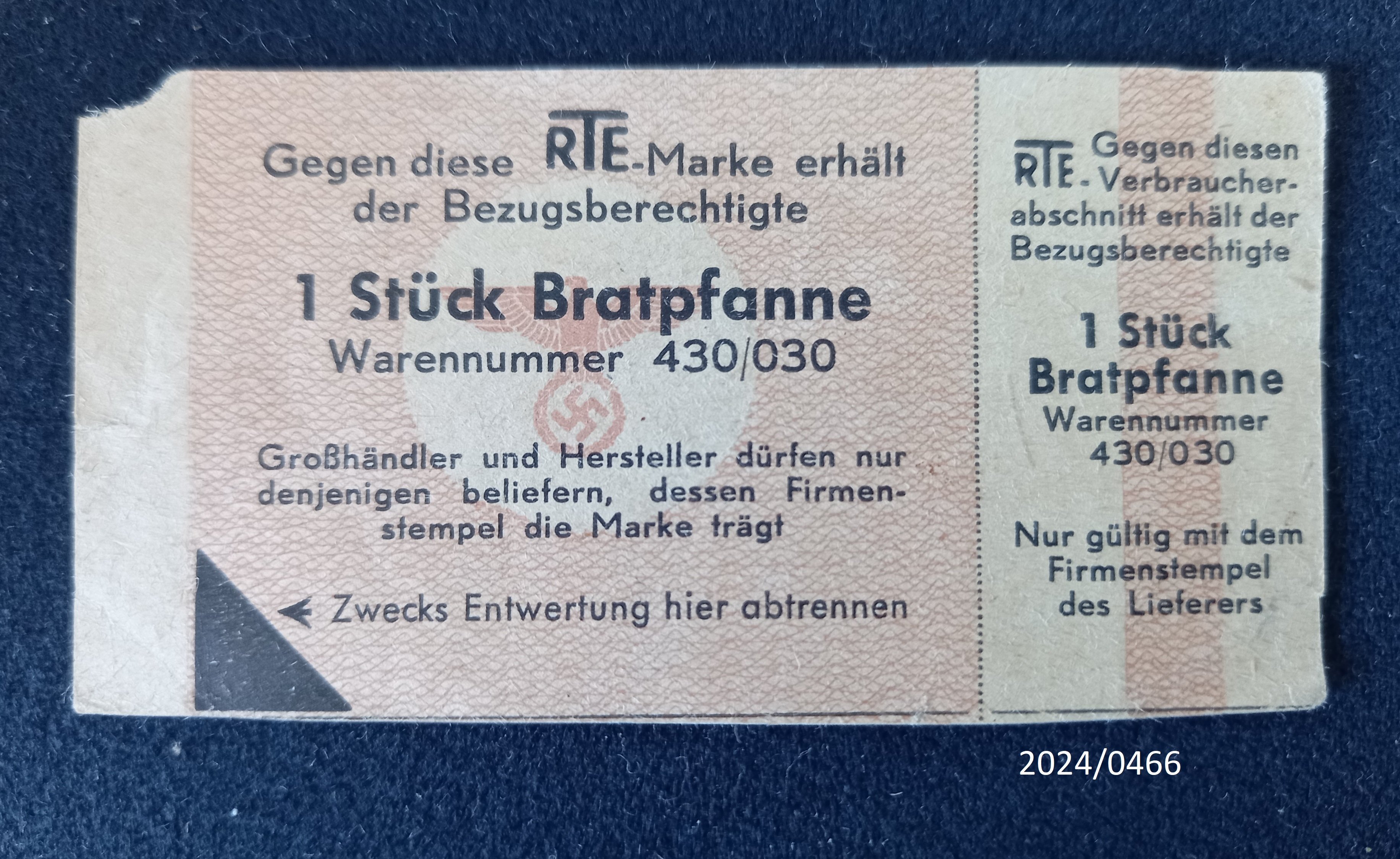 Bezugsschein Bratpfanne (Stadtmuseum Bad Dürkheim im Kulturzentrum Haus Catoir CC BY-NC-SA)