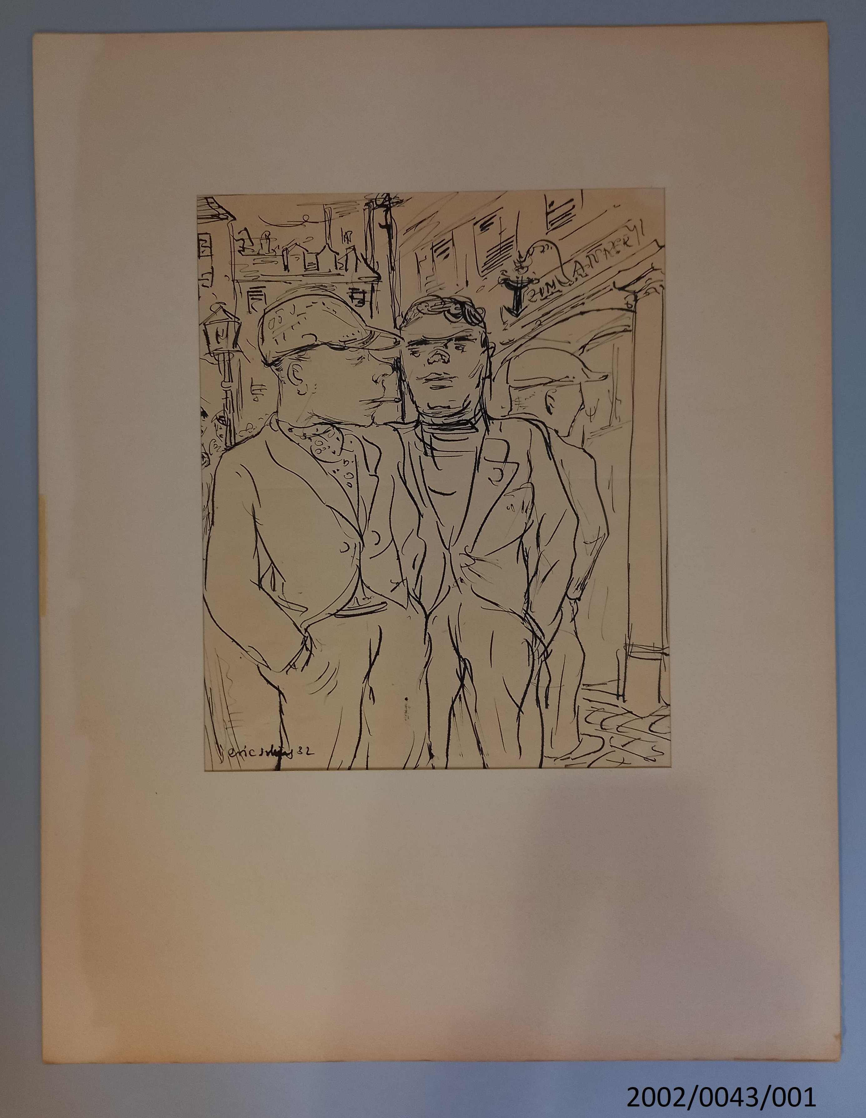 "2 Männer vor einer Gaststätte" von Erich Schug (Stadtmuseum Bad Dürkheim im Kulturzentrum Haus Catoir CC BY-NC-SA)