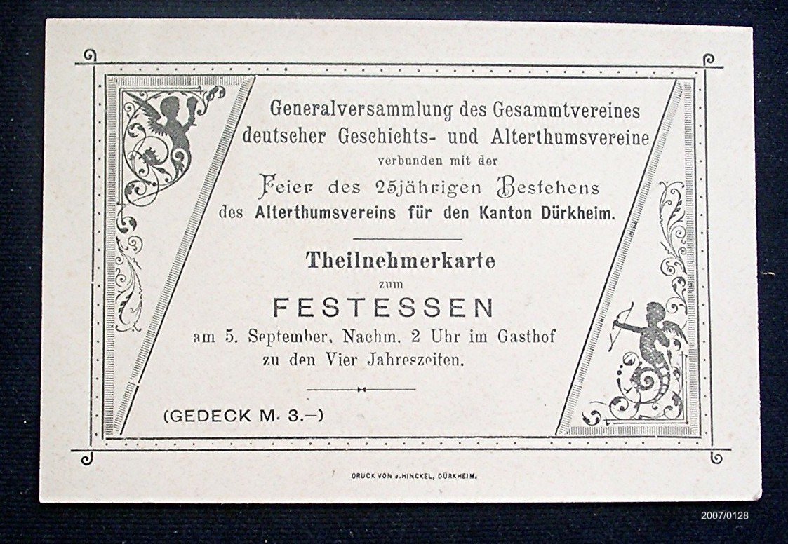 Teilnehmerkarte zu Festessen; 25 Jahre Altertumsverein Dürkheim; um 1900 (Museumsgesellschaft Bad Dürkheim e. V. CC BY-NC-SA)