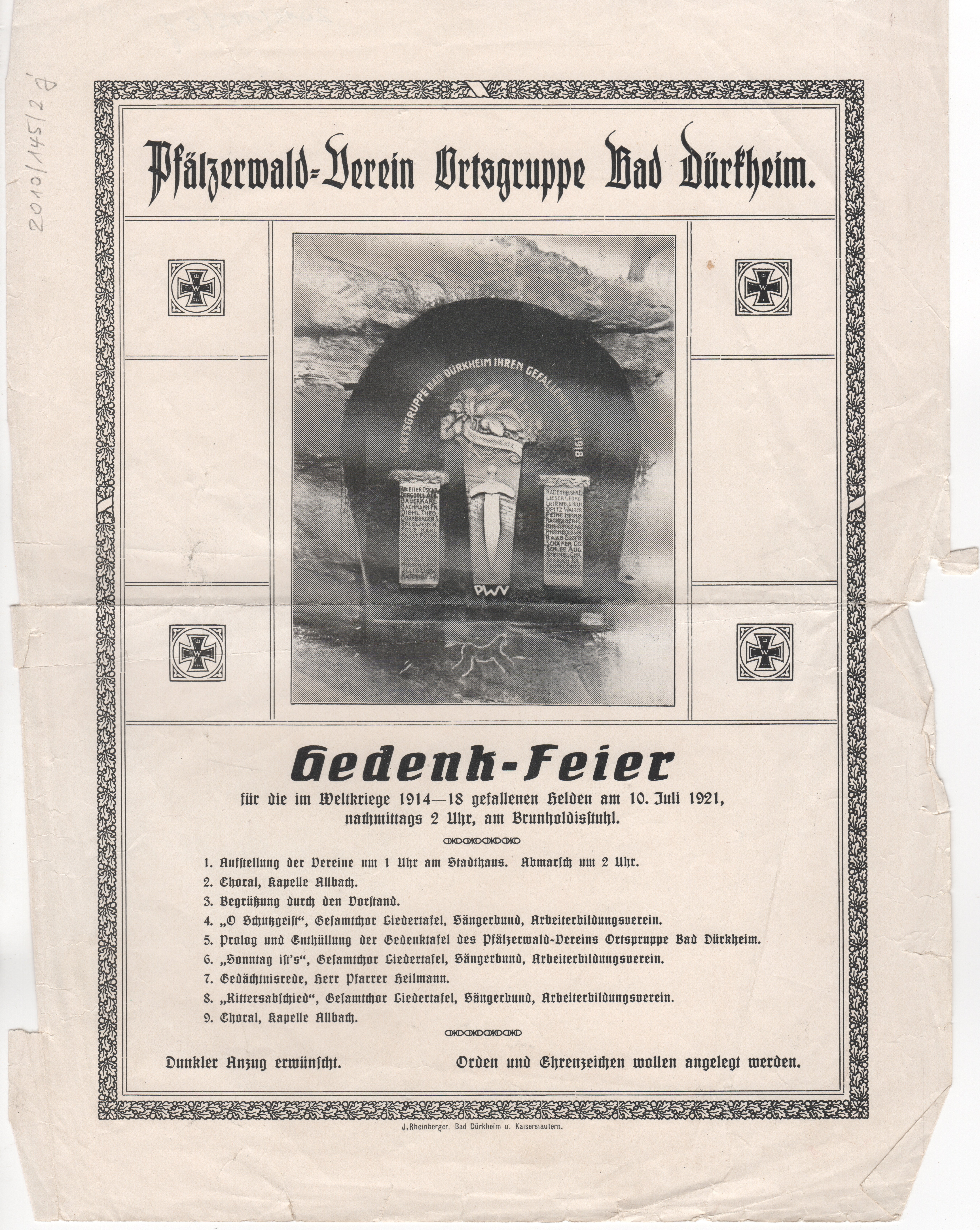 Schreiben; Gedenkfeier des Pfälzerwald-Vereins; Schenkung von Kirra Orth; 1921 (Stadtmuseum Bad Dürkheim im Kulturzentrum Haus Catoir CC BY-NC-SA)