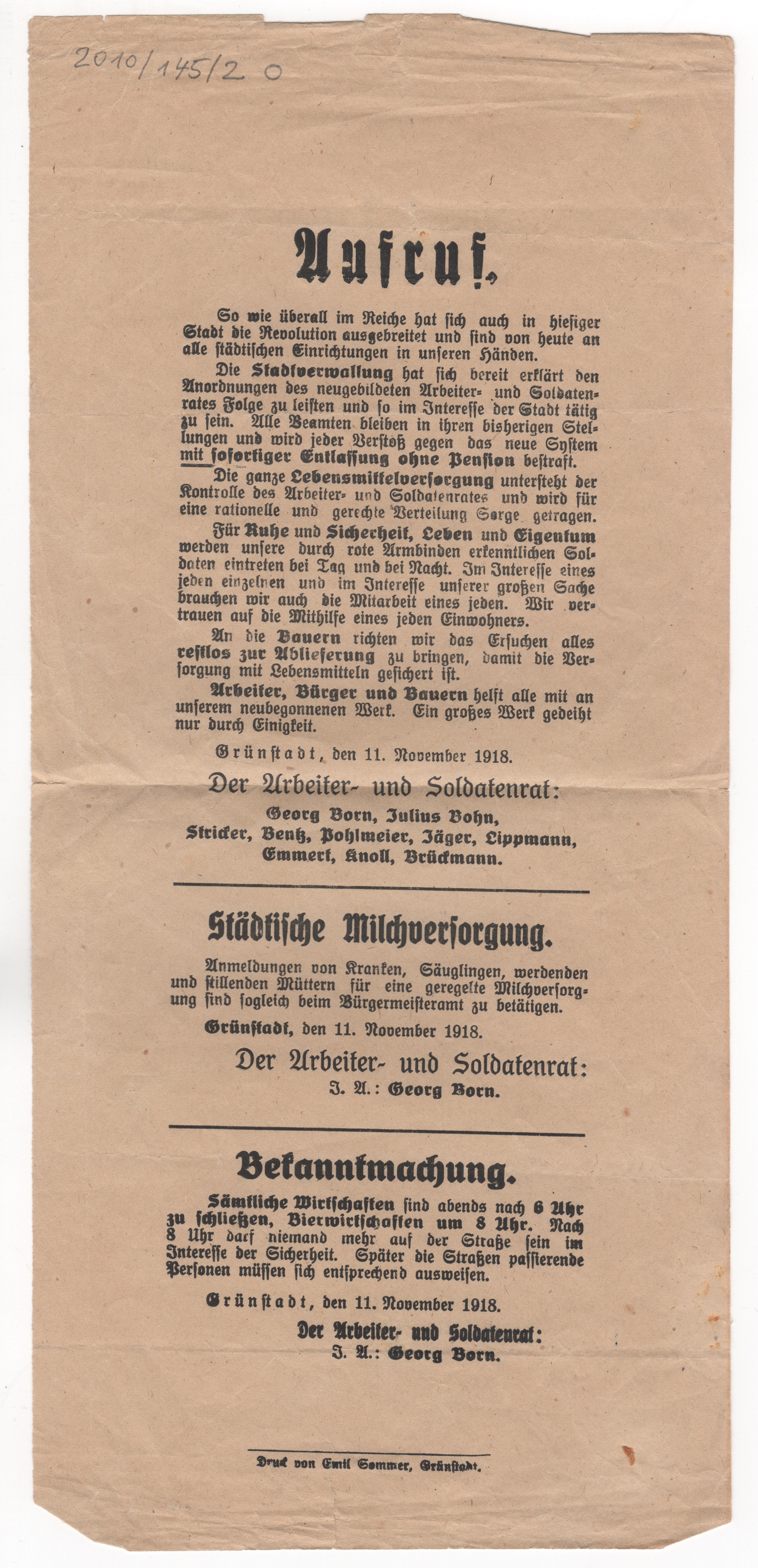 Aufruf des Arbeiter- und Sodatenrates Grünstadt 11.11.1918 (Stadtmuseum Bad Dürkheim im Kulturzentrum Haus Catoir CC BY-NC-SA)