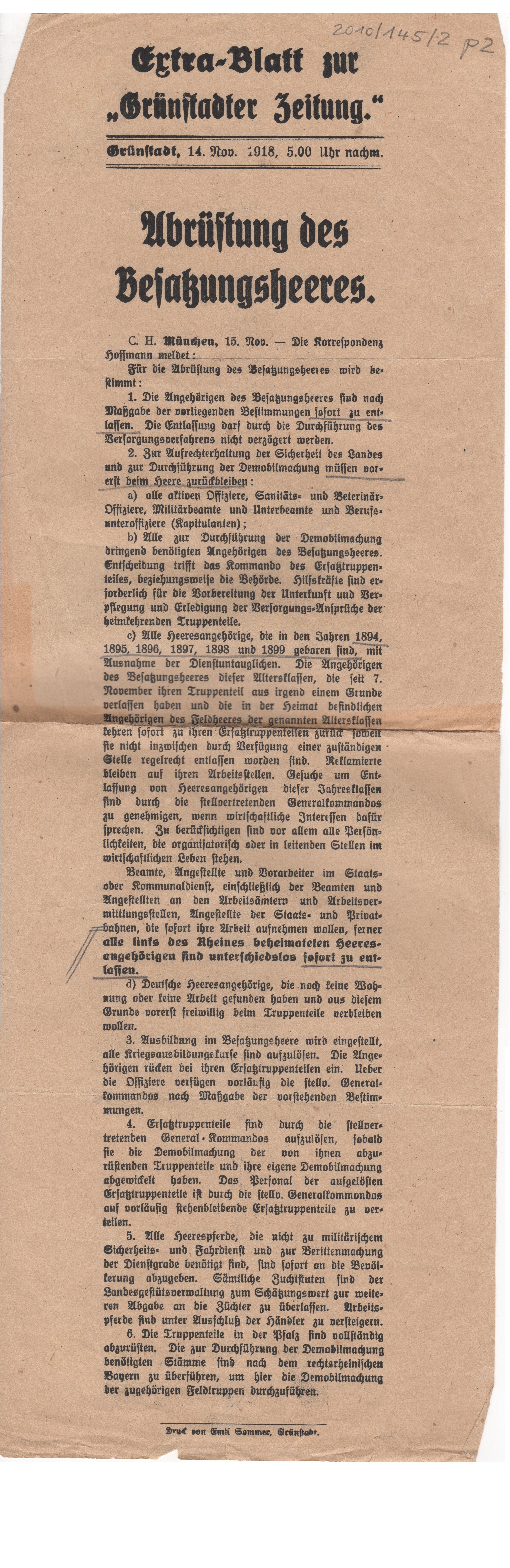 Schreiben; Extrablatt: Abrüstung des Besatzungsheeres; Schenkung von Kirra Orth; 1918 (Stadtmuseum Bad Dürkheim im Kulturzentrum Haus Catoir CC BY-NC-SA)